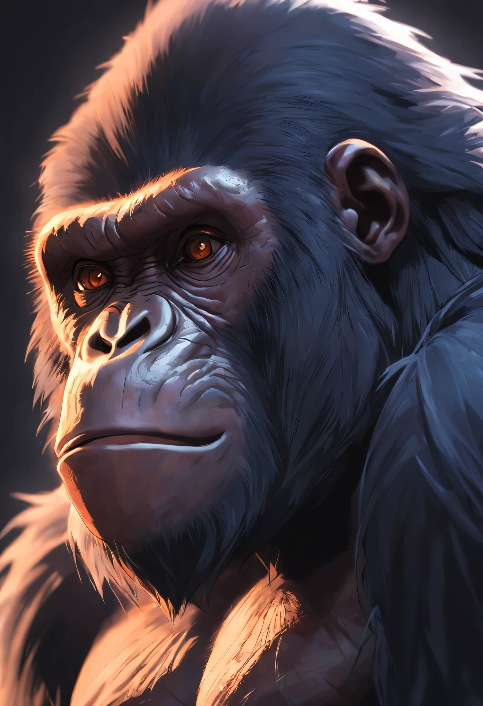 Gran Simio,retrato de cabeza,de cerca,de un verdadero,Facial features are carefully rendered.,textura de piel realista,estilo oscuro,profundidad de campos,destacar,luz verdadera,Trazado de rayos,oc renderizado,Hyper realistic,la mejor calidad,8k,obras de maestros,super-fine,Detailed pubic hair,correct anatomy,sharp focus on eyes,bokeh,Facial features are carefully rendered.