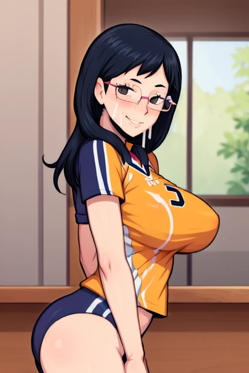 masterpiece, best quality, shimizu kiyoko, looking at viewer, cum on her face, seductive smile, volleyball uniform, large breasts, gangbang, wearing glasses