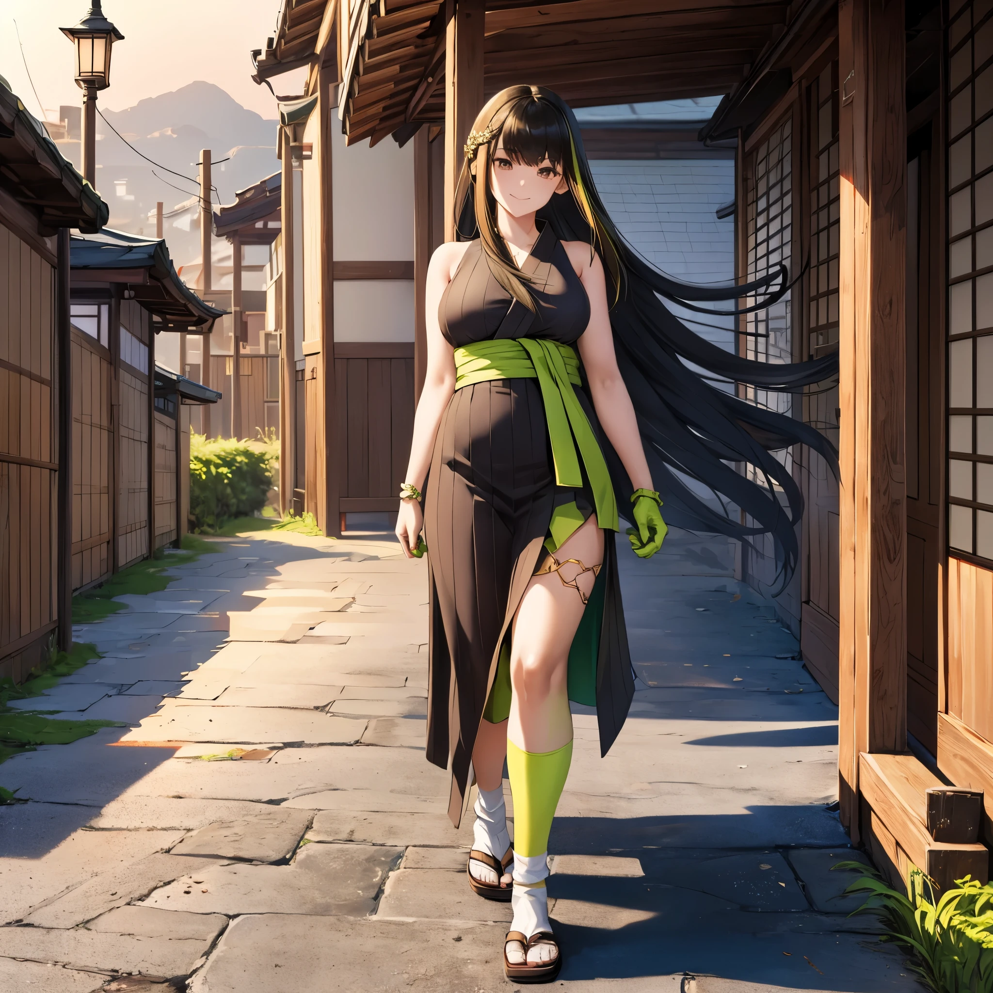 a woman wearing a black yukata with green details, white socks, traditional Japanese slippers, black fur cape, gold and green accessories in her hair, long black hair with green bangs, brown eyes, walking on a sidewalk in a traditional Japanese town in the sunset sun, smiling, full body, traditional Japanese lamp illuminating the place, (only one woman) ultra resolution, bloom, very detailed, perfect texture, high quality, hdr, 8k, masterpiece
