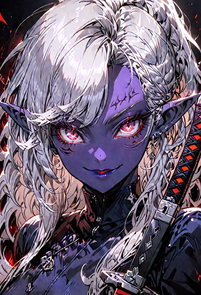 solo, female, lithe yet strong build, deep indigo skin, long silver hair, piercing red eyes, angular face, high cheekbones, midnight blue lips, long and pointed ears, drow, sword, smile, fit
