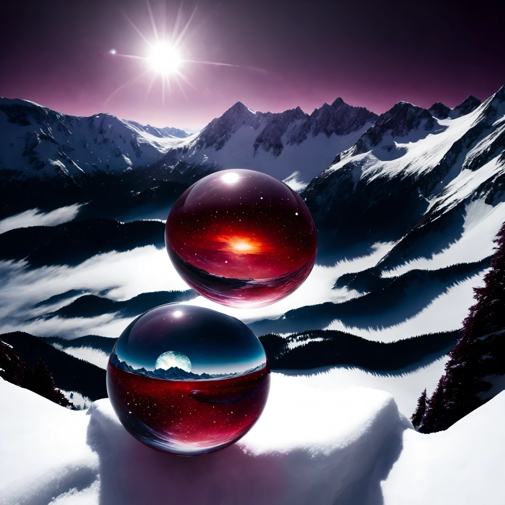 glass orb,galaxy, like billiards, level, Maroon, Fresco painting, high-quality image set against a snow-covered mountainous landscape
