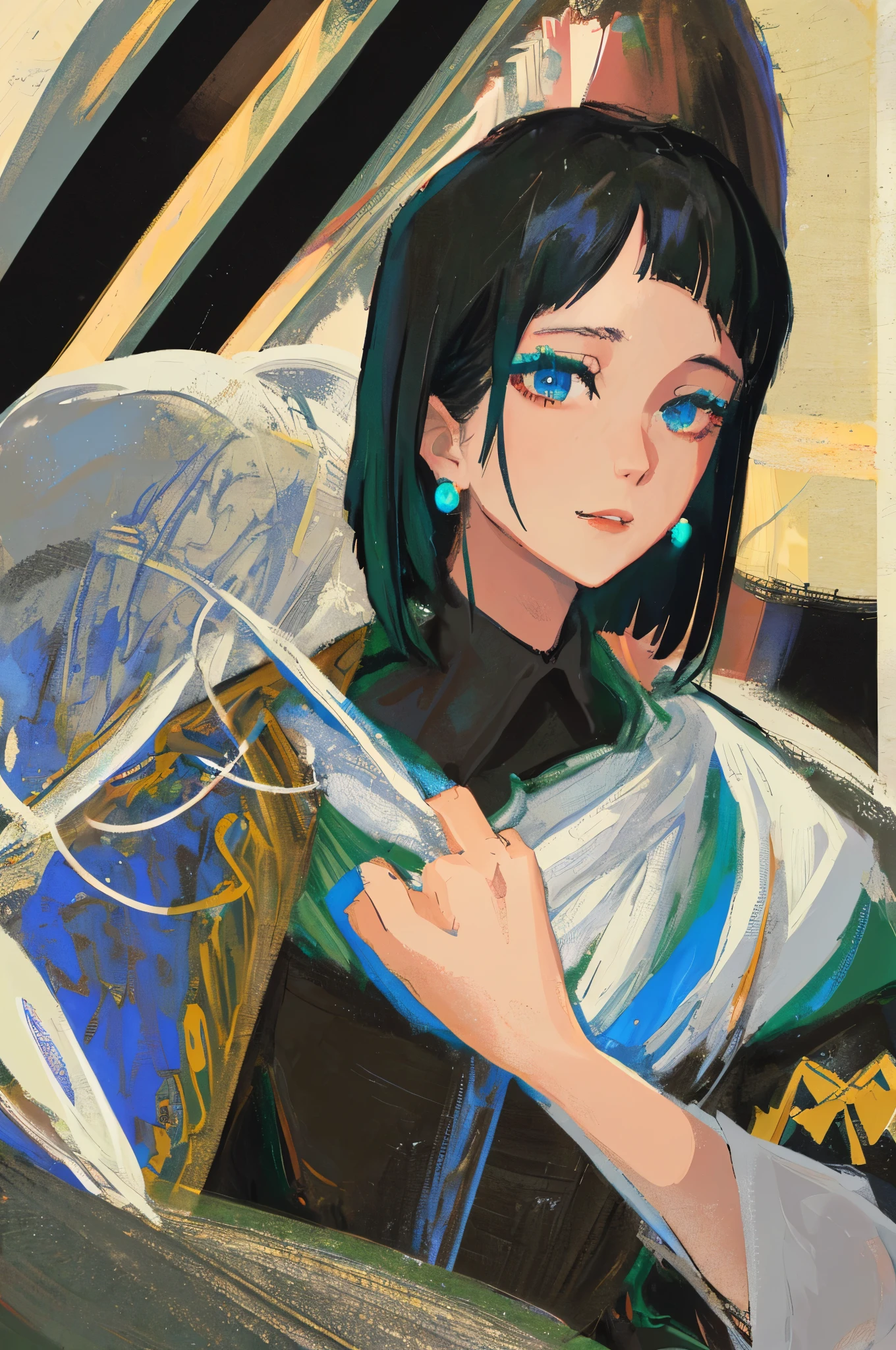 (top-quality、masterpiece:1.2) 1woman, detailed portraiture art of a character, loose oil paint, thick pain, portrait, video game character art, female, black background background, stunning, perfect artwork, clean bob cut, black dress, black hair dyed green at the ends, blue eyes, earrings