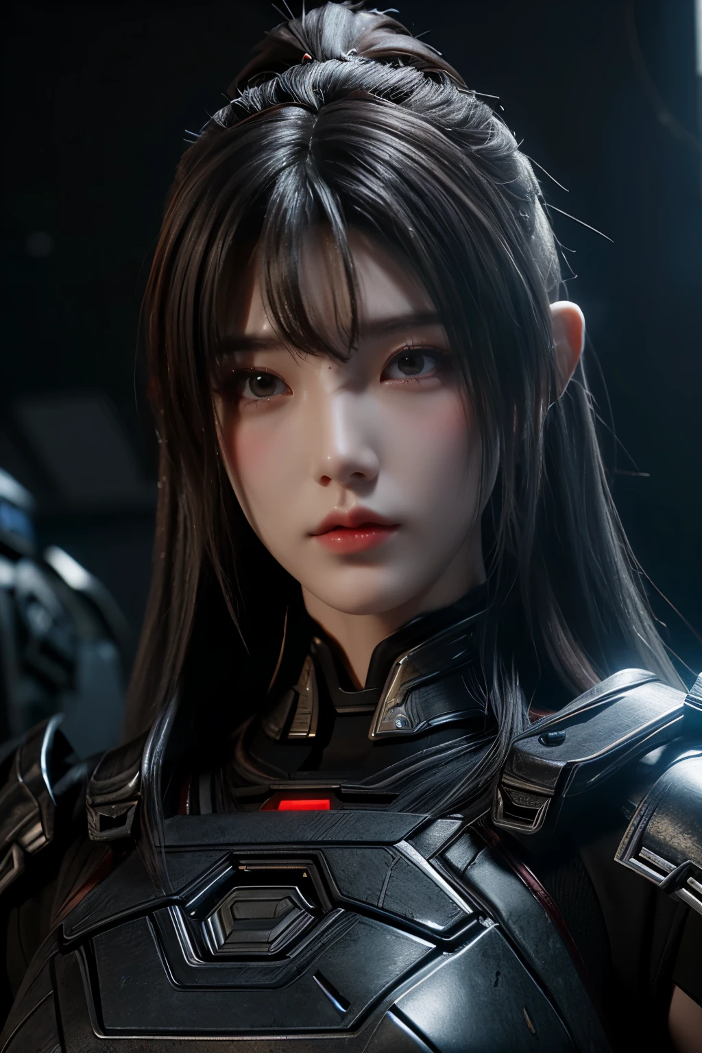 Masterpiece,Game art,The best picture quality,Highest resolution,8K,(Portrait),Unreal Engine 5 rendering works,(Digital Photography),((Portrait Feature:1.5)),
20 year old girl,Short hair details,With long bangs,(The red eye makeup is very meticulous),(With long gray hair:1.4),(Large, full breasts),Elegant and noble,Brave and charming,
(Future armor combined with the characteristics of ancient Chinese armor,Hollow design,Power Armor,The mysterious Eastern runes,A delicate dress pattern,A flash of magic),Warrior of the future,Cyberpunk figures,Background of war,
Movie lights，Ray tracing，Game CG，((3D Unreal Engine))，OC rendering reflection pattern