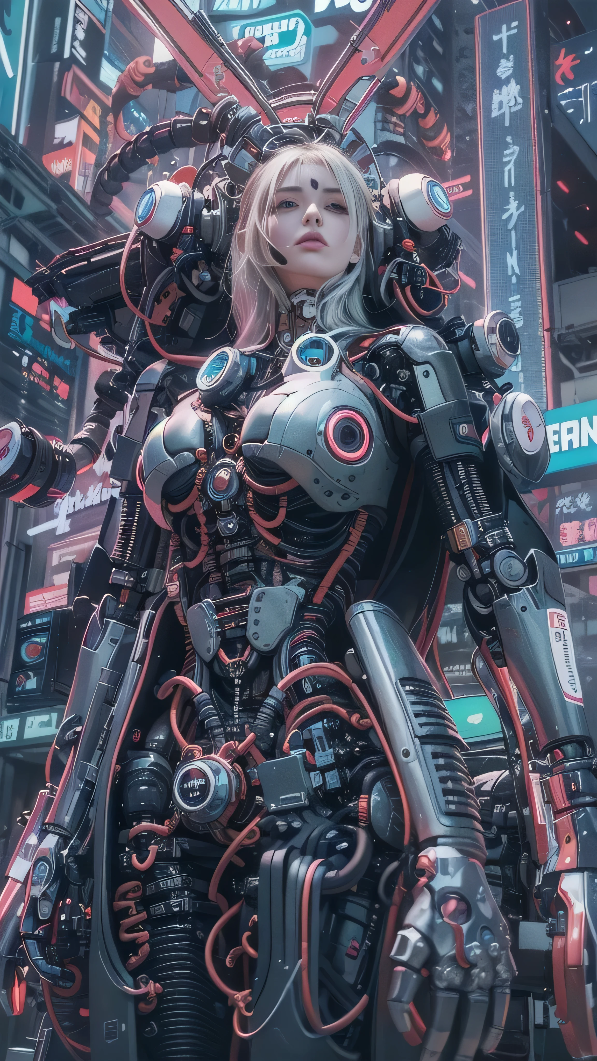 Top quality, tmasteRpiece, Ultra-high resolution, ((Realisticlying: 1.4), RAW photogR, 1 CybeRpunk Robot GiRl, Smooth and radiant skin, (hypeR Realistic detailed)), mechanical limbs, Tubes attached to mechanical paRts, Mechanical veRtebRae attached to the spine, CeRvical spine mechanical fixation in the neck, wiRes and cables connecting to head, Neon Genesis Evangelion, ((Ghost in the Shell)), Small LED light, Global Illumination, deep shadow, octaneRatingRendeRing, 8k, SupeR shaRp, Metal, IntRicate decoRative details, BaRoque details, veRy complex details, Realistic RaytRaicing, CG tRends, facing at the cameRa, Neon light details, (AndRoid factoRy in the backgRound), H&#39;s ARt.R. GigeR and Alphonse Mucha.