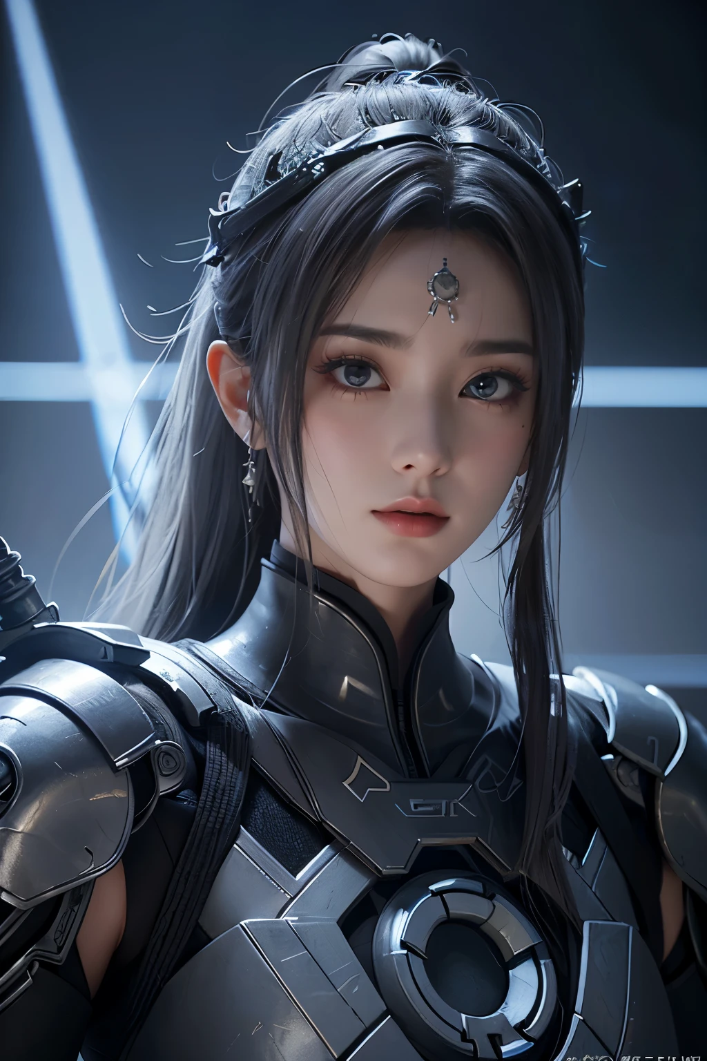 Masterpiece,Game art,The best picture quality,Highest resolution,8K,(Portrait),Unreal Engine 5 rendering works,(Digital Photography),((Portrait Feature:1.5)),
20 year old girl,Short hair details,With long bangs,(The red eye makeup is very meticulous),(With long gray hair:1.4),(Large, full breasts),Elegant and noble,Brave and charming,
(Future armor combined with the characteristics of ancient Chinese armor,Hollow design,Power Armor,The mysterious Eastern runes,A delicate dress pattern,A flash of magic),Warrior of the future,Cyberpunk figures,Background of war,
Movie lights，Ray tracing，Game CG，((3D Unreal Engine))，OC rendering reflection pattern