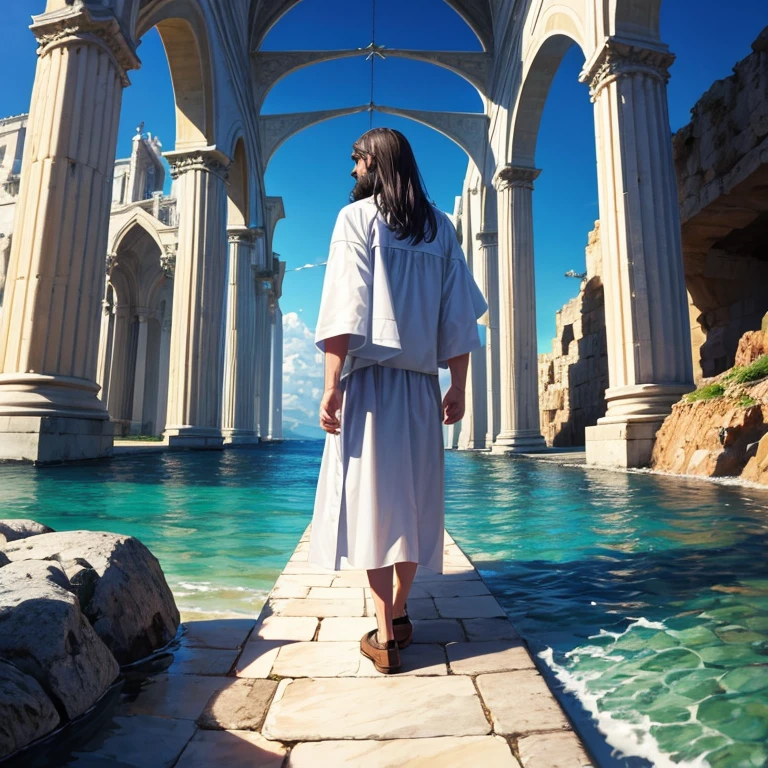 Jesus caminando sobre las aguas obra maestra foto muy detallada 