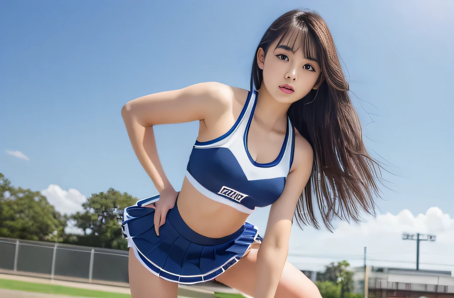 highest quality, masterpiece, Ultra-high resolution, (Realistic:1.4), RAW Photos, 32K Portrait, Very detailed, Cowboy Shot, Dynamic pose,
One girl, , mini skirt、The most famous Japanese idol、Japan's most popular cheerleader, Wearing only a white sleeveless cheerleader uniform, An innocent smile, View your viewers, Upturned buttocks,
Very cute face, Stunningly beautiful big black eyes, Very beautiful hair, Very beautiful lips, Very beautiful skin, Very beautiful breasts, Very beautiful body, Very beautiful arms, Five perfect fingers, Very beautiful buttocks, Very beautiful thighs,
Detailed face, Fine grain, Detailed Hair, Detailed lips, Detailed Skin, Detailed body, Detailed Weapons, Detailed five fingers, Detailed white sleeveless cheerleader uniform, Detailed hips, Thigh details