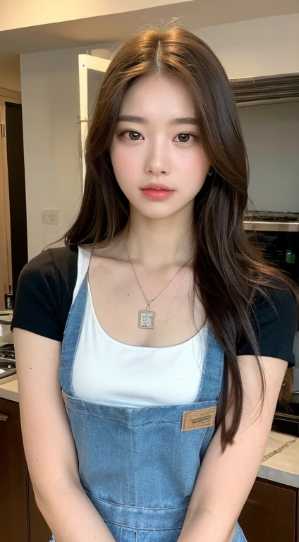 (highest quality, 8k, masterpiece: 1.3), Beautiful woman with perfect figure: 1.4, Dark brown hair, Wearing a pendant, Wearing an apron, In the kitchen, Highly detailed face and skin, Fine grain, double eyelid, Small breasts、Small, flat chest