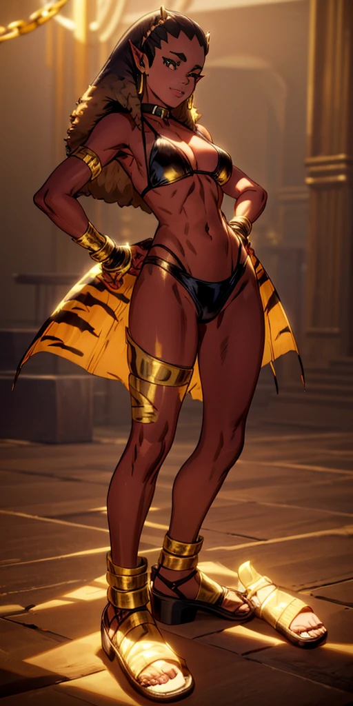 (Masterpiece, best quaility, 4k) (black gyaru darkest skin) (pointy ears) (tiger tail) (Drolta Tzuentes) wearing yellowish tiger print bikini, hands on hips, full body kneeling, golden = (shackles wristbands, chains, bracers, handcuffs) leather collar choker, metal sandals, big knockers, happy closed mouth red cheeks