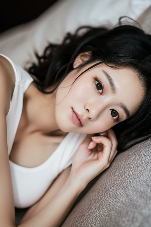 highest quality ,masterpiece,Ultra-high resolution, so beautiful, cute, (Photorealistic:1.4), 1 Girl, Small face,Japanese, Black Hair、Long Curly Hair、Cinematic, 35mm lens, f/ 1. 8, Accent lighting, 8K, Ample breasts, V-neck, White pajamas, Bedroom、Dark Room、Lying down