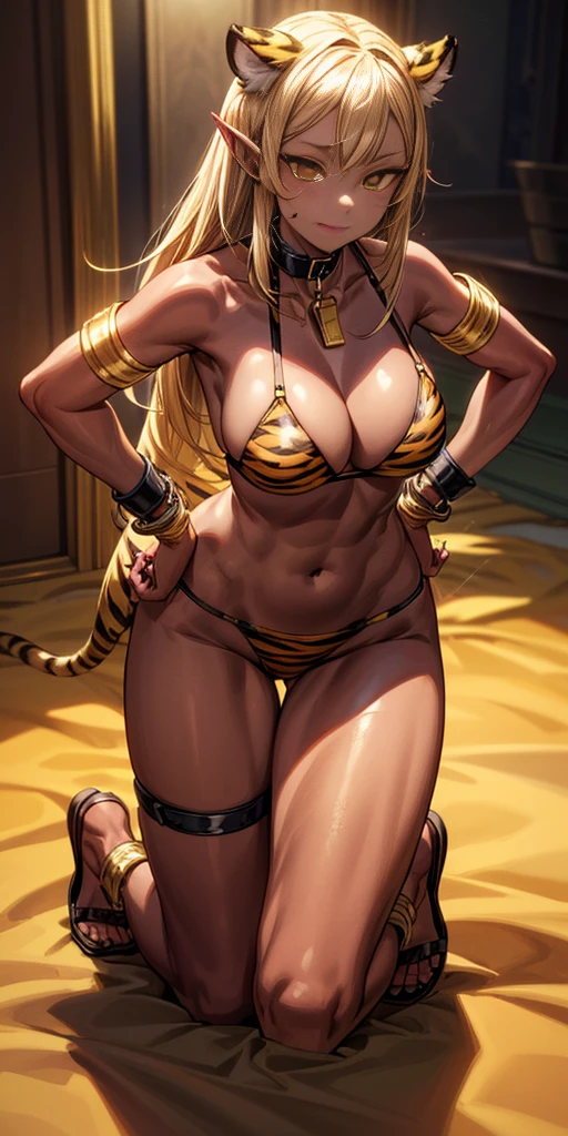 (Masterpiece, best quaility, 4k) (black gyaru darkest skin) (pointy ears) (tiger tail) (Drolta Tzuentes) wearing yellowish tiger print bikini, hands on hips, full body kneeling, golden = (shackles wristbands, chains, bracers, handcuffs) leather collar choker, metal sandals, big knockers, happy closed mouth red cheeks