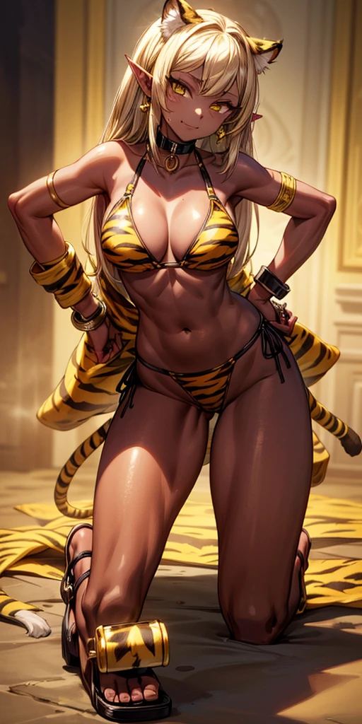 (Masterpiece, best quaility, 4k) (black gyaru darkest skin) (pointy ears) (tiger tail) (Drolta Tzuentes) wearing yellowish tiger print bikini, hands on hips, full body kneeling, golden = (shackles wristbands, chains, bracers, handcuffs) leather collar choker, metal sandals, big knockers, happy closed mouth red cheeks