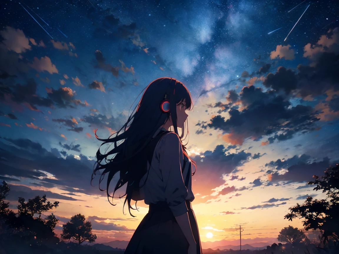 sunset、hill、cloud、Long Hair、woman、silhouette、Back view、Beautiful starry sky、Look up at the sky、The wind is blowing、Wide sky、Headphones、shooting star