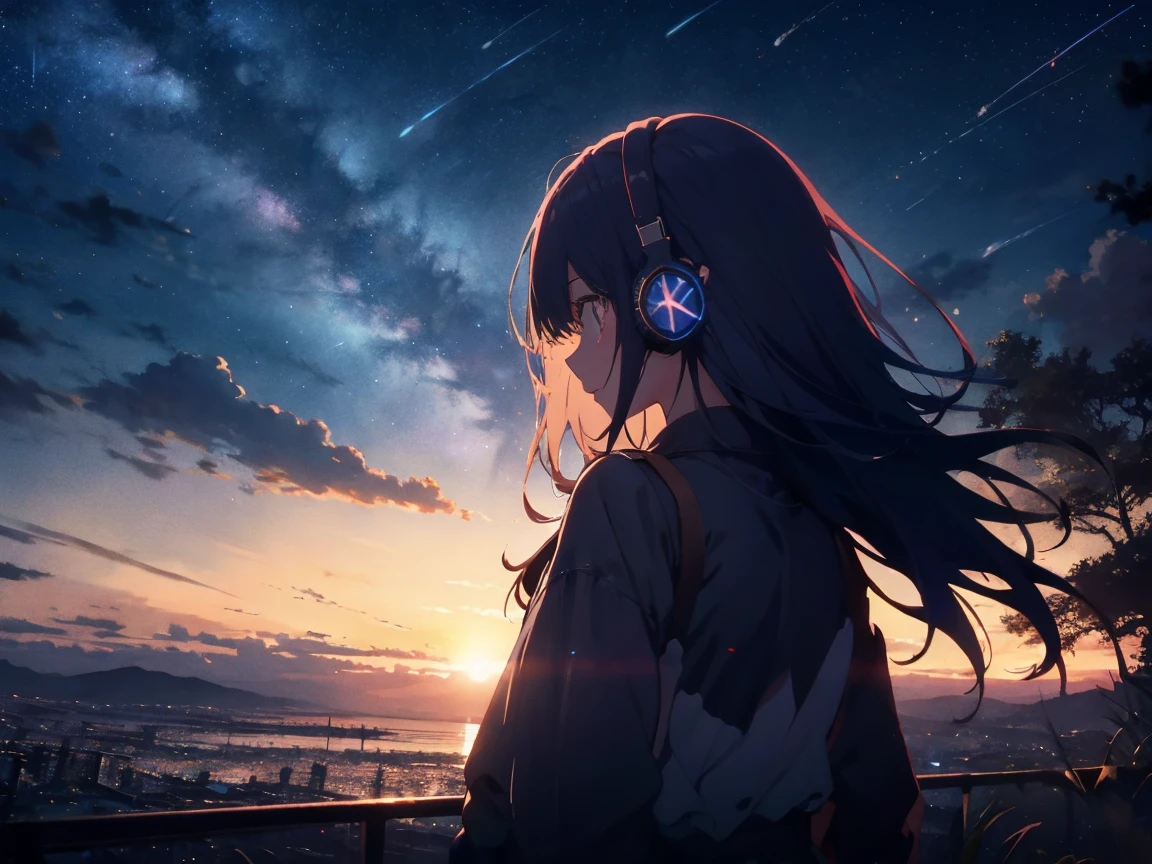 sunset、hill、cloud、Long Hair、woman、silhouette、Back view、Beautiful starry sky、Look up at the sky、The wind is blowing、Wide sky、Headphones、shooting star