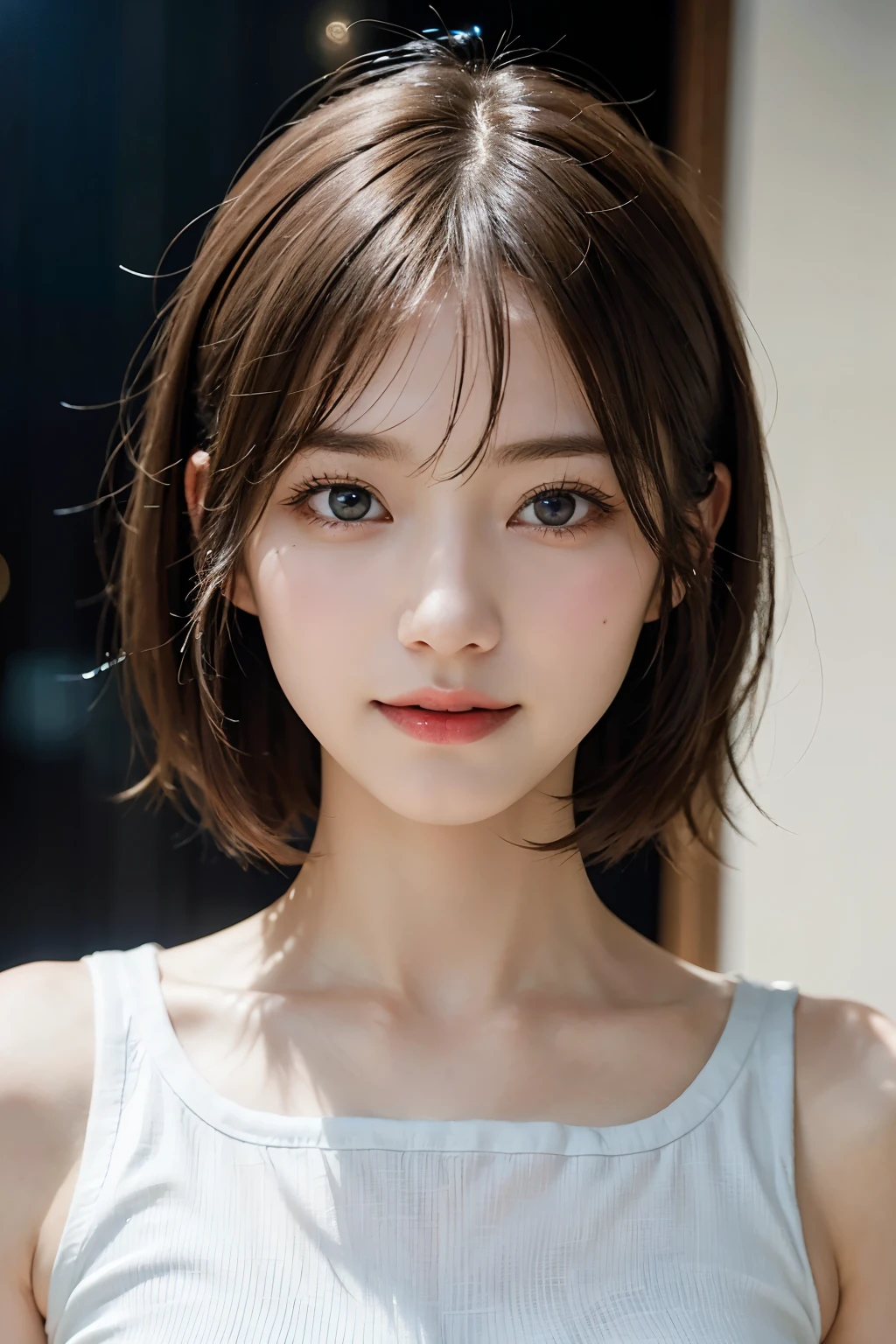 Ultra-high resolution、(Real:1.4)、One beautiful woman、Beautifully detailed eyes and skin、Light brown short hair、A Little Smile、universe服、universeステーション、Bright interior、Cloudy、Sci-Fi Taste、Movie quality、dramatic、Dramatic composition、universe、