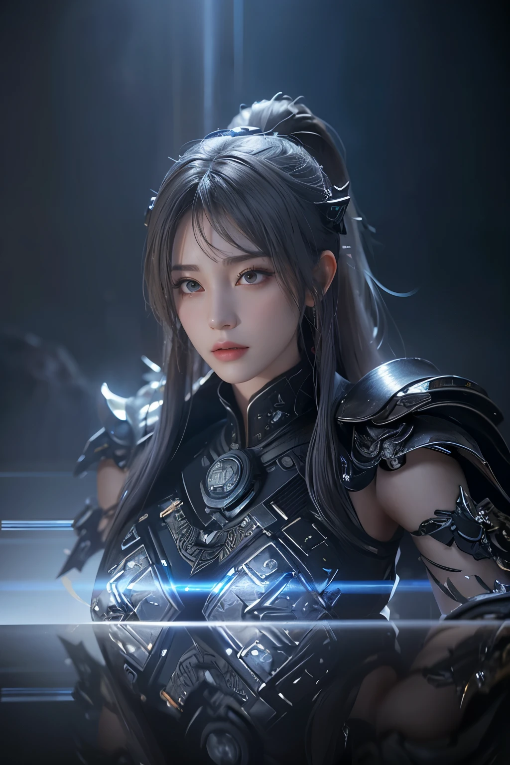 Masterpiece,Game art,The best picture quality,Highest resolution,8K,(Portrait),Unreal Engine 5 rendering works,(Digital Photography),((Portrait Feature:1.5)),
20 year old girl,Short hair details,With long bangs,(The red eye makeup is very meticulous),(With long gray hair:1.4),(Large, full breasts),Elegant and noble,Brave and charming,
(Future armor combined with the characteristics of ancient Chinese armor,Hollow design,Power Armor,The mysterious Eastern runes,A delicate dress pattern,A flash of magic),Warrior of the future,Cyberpunk figures,Background of war,
Movie lights，Ray tracing，Game CG，((3D Unreal Engine))，OC rendering reflection pattern