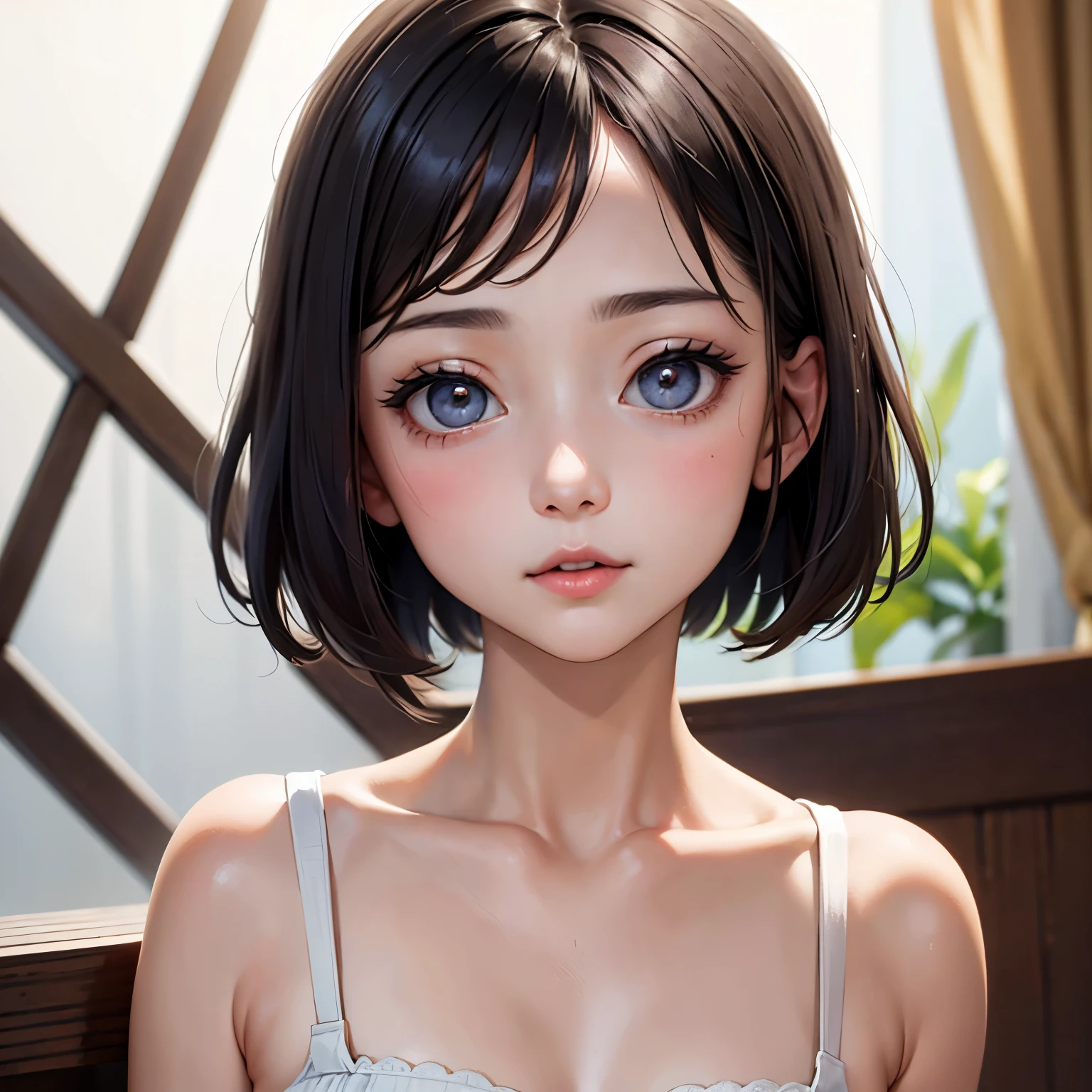 short hairと白のシャツ, short hair, 前髪のあるshort hair, Woman with pretty face, Cute little face in a portrait, French Bob, White skin!!, 短い茶色の髪とBig eyes, Soft Portrait Shot 8k, Beautiful light、Big eyes, Beautiful girl, Young girl with bob cut, Best image quality, Tabletop, Leonardo da Vinci's Notebooks Da Vinci, Leonardo da Vinci's manuscript in the background,Swimwear,Thin legs