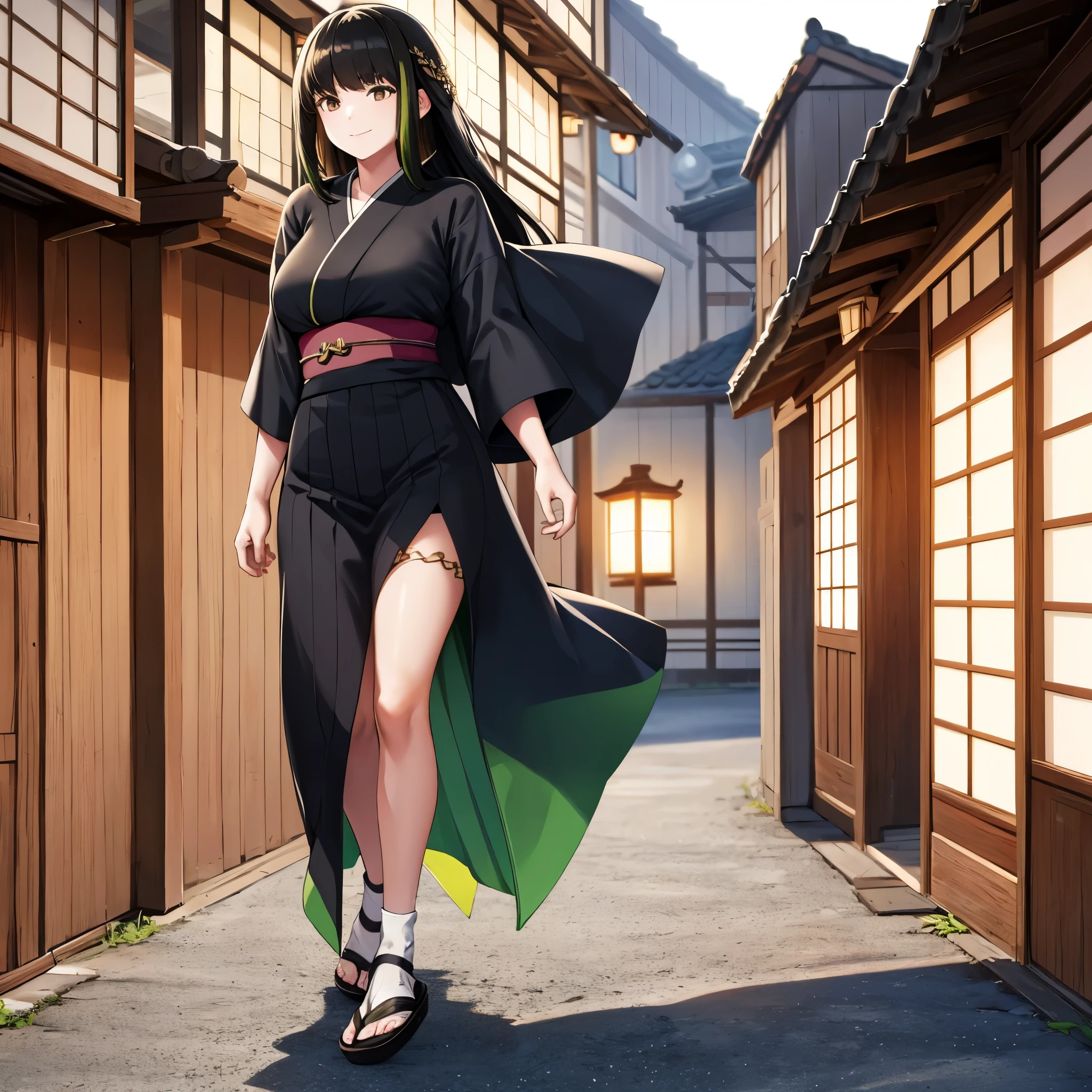 a woman wearing a black yukata with green details, white socks, traditional Japanese slippers, black fur cape, gold and green accessories in her hair, long black hair with green bangs, brown eyes, walking on a sidewalk in a traditional Japanese town in the sunset sun, smiling, full body, traditional Japanese lamp illuminating the place, (solo woman) ultra resolution, bloom, very detailed, perfect texture, high quality, hdr, 8k, masterpiece
