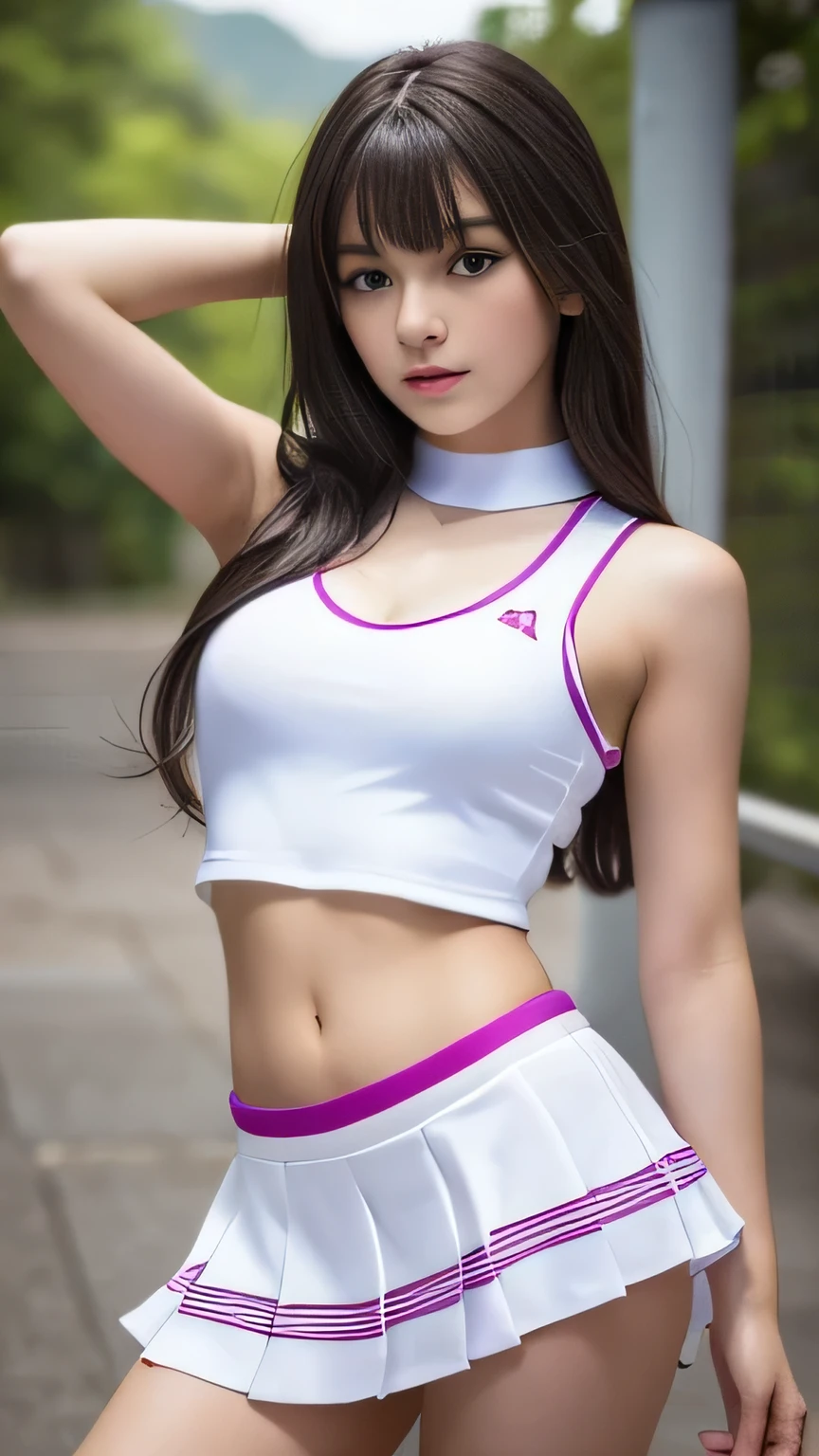 highest quality, masterpiece, Ultra-high resolution, (Realistic:1.4), RAW Photos, 32K Portrait, Very detailed, Cowboy Shot, Dynamic pose,
One girl, , mini skirt、The most famous Japanese idol、Japan's most popular cheerleader, Wearing only a white sleeveless cheerleader uniform, An innocent smile, View your viewers, Upturned buttocks,
Very cute face, Stunningly beautiful big black eyes, Very beautiful hair, Very beautiful lips, Very beautiful skin, Very beautiful breasts, Very beautiful body, Very beautiful arms, Five perfect fingers, Very beautiful buttocks, Very beautiful thighs,
Detailed face, Fine grain, Detailed Hair, Detailed lips, Detailed Skin, Detailed body, Detailed Weapons, Detailed five fingers, Detailed white sleeveless cheerleader uniform, Detailed hips, Thigh details