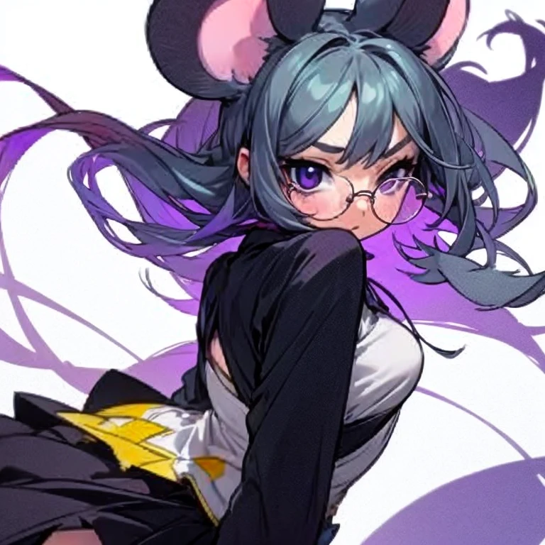Masterpiece, best quality, expressive eyes, perfect face, 1girl, solo, animal ears, mouse ears, tail, mouse tail, grey hair, substitute_teacher, clothes, glasses, purple eyes
