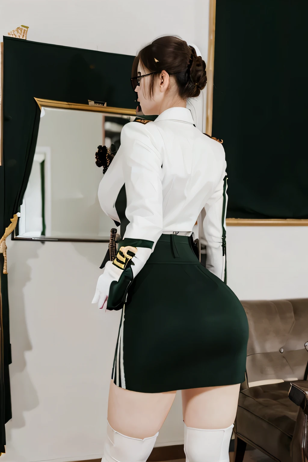 Best quality, photorealistic, solo, military uniform, perfect face, green fabric accordion skirt, white stockings, white shirt, green army suit jacket, black tie, black gloves, very big ock, very big breainny body, full body view, glasses, mirror from the back, masterpiece, detailed eyes, realistic lighting, hyperhrealism, european, high heels