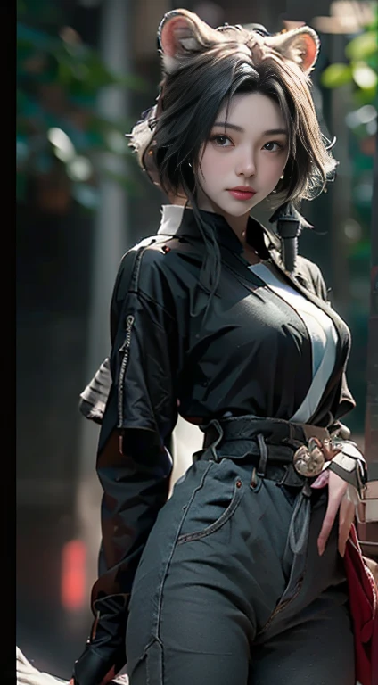 ((Best quality)), ((masterpiece)), (detailed:1.4), 3D, an image of a beautiful cyberpunk female,HDR (High Dynamic Range),Ray Tracing,NVIDIA RTX,Super-Resolution,Unreal 5,Subsurface scattering,PBR Texturing,Post-processing,Anisotropic Filtering,Depth-of-field,Maximum clarity and sharpness,Multi-layered textures,Albedo and Specular maps,Surface shading,Accurate simulation of light-material interaction,Perfect proportions,Octane Render,Two-tone lighting,Wide aperture,Low ISO,White balance,Rule of thirds,8K RAW, The title of the film is "BOJO GALAK" whose letters are located below, telling the story of a young Indonesian woman with a clean face, wearing an adventurous hijab, black cloth trousers and holding a bright blue samurai, and carrying bright colored clothes. a red arrow on his back, a big white tiger on his back. beside him. With a lush green forest background, it looks real, showing everything in great detail, minimal light, night atmosphere, clear details