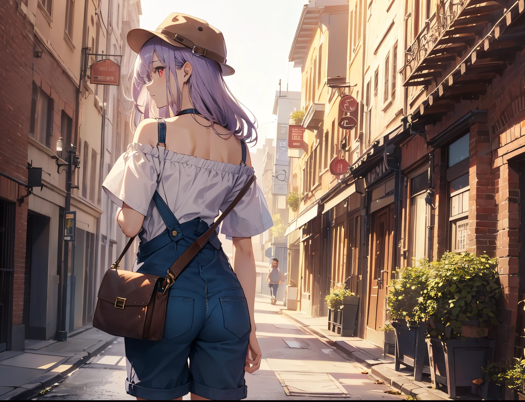 ,Realistic,highest quality, Super detailed, High-quality CG rendering, The most delicate and beautiful, Floating softly, High resolution, (1 girl), (highest quality,4K,8k,masterpiece:1.2), Light purple hair,Long Hair,Red eyes,(Brown overalls:1.3),(Pure white T-shirt:1.3),(Brown hunting hat:1.3),In the city,old buildings,(whole body:1.3),(Turn your back to your audience:1.3),Ass,(Small shoulder bag:1.3),Brown boots