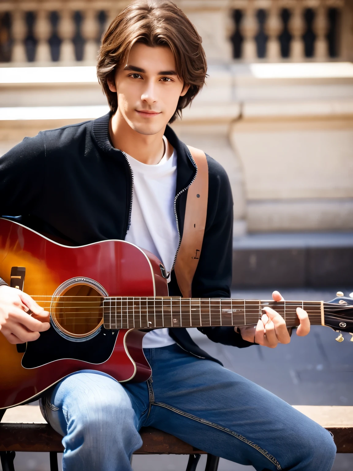 Photorealistic, 8k full body portrait, good looking, 25-year-old male, attractive appearance, Facial details, Paris city center、((play the guitar:1.2))