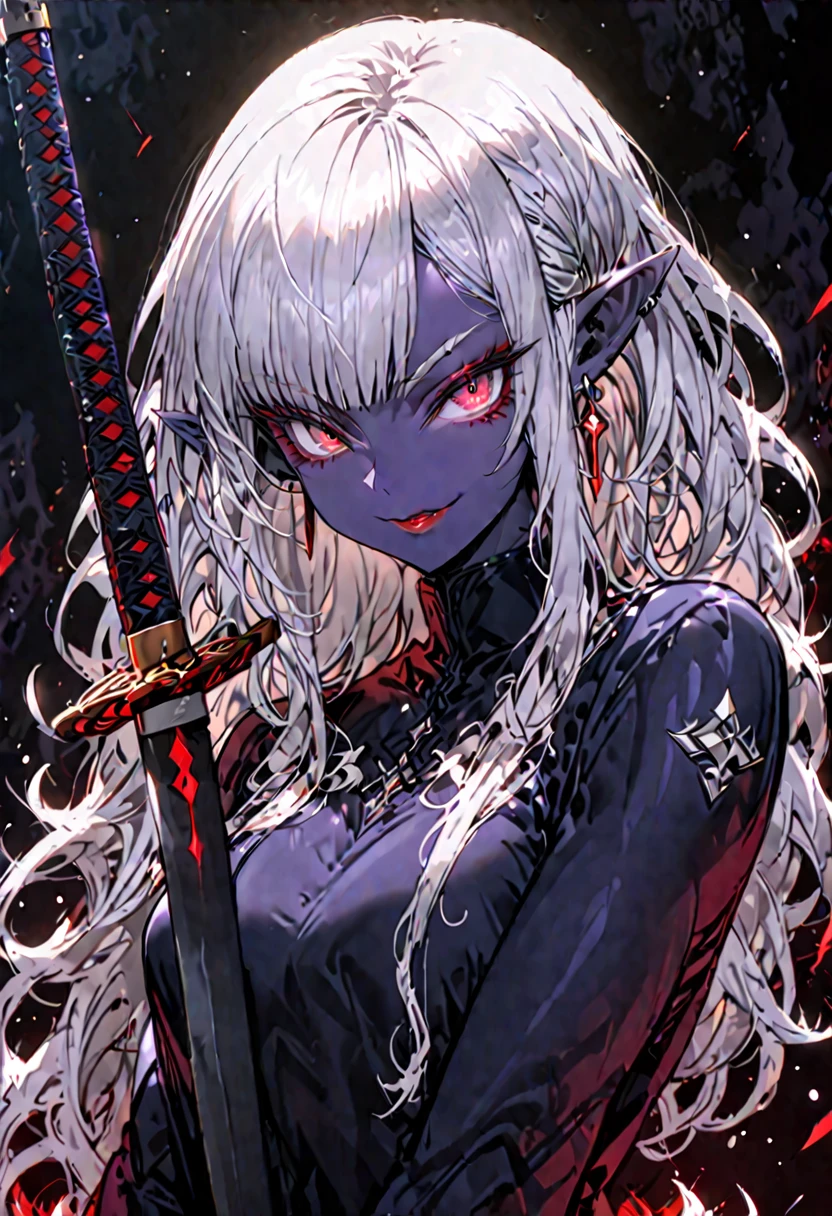 solo, female, strong build, tall, thin, deep indigo skin, long silver hair, piercing red eyes, angular face, high cheekbones, midnight blue lips, long and pointed ears, drow, sword, smile, fit, pose, flawless skin