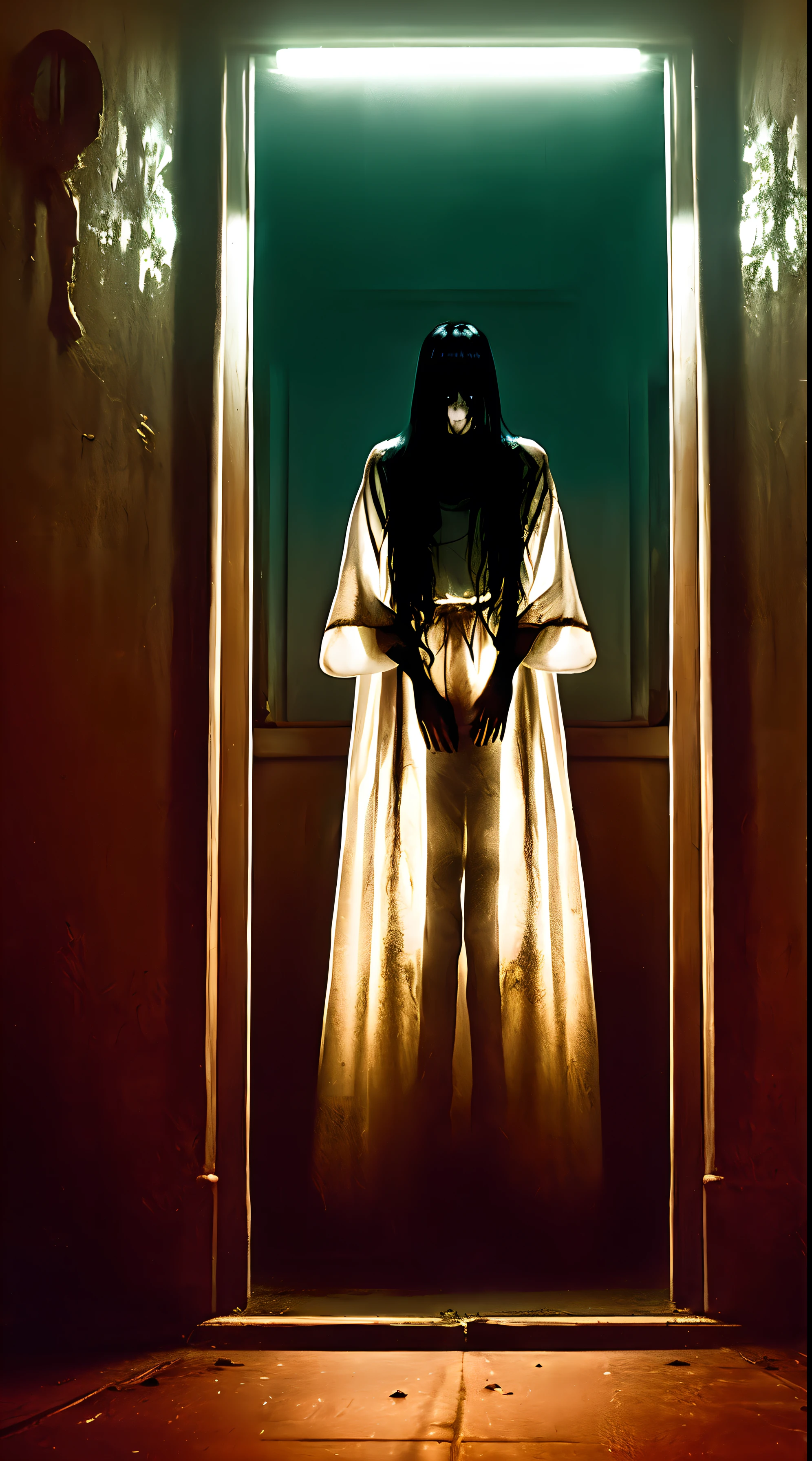 Sadako, inside a liminal space of nightmares in a dark warehouse, dynamic lighting, photorealistic, trending on art station, stunning visuals, foggy, creative, cinematic, ultra detailed, atmospherical, ambient lighting, scary art, bad quality, heavy film grain, desaturated, orange teal hue