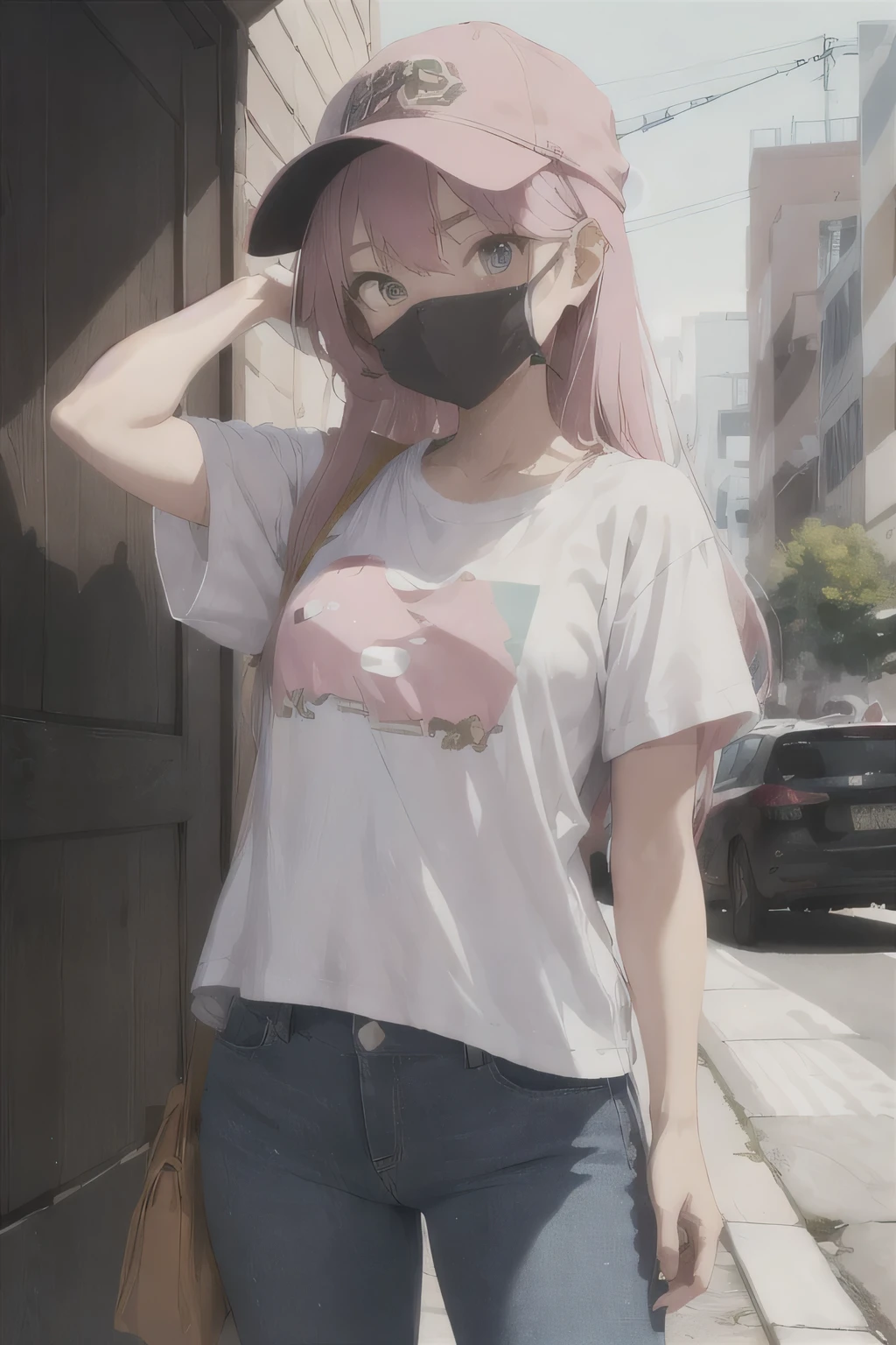 My long Straight hair color pink and my eyes is green i always Wear Simple Oversized t-shirt, a cap for my head and facemask, i wear Jeans and sneakers when i go out