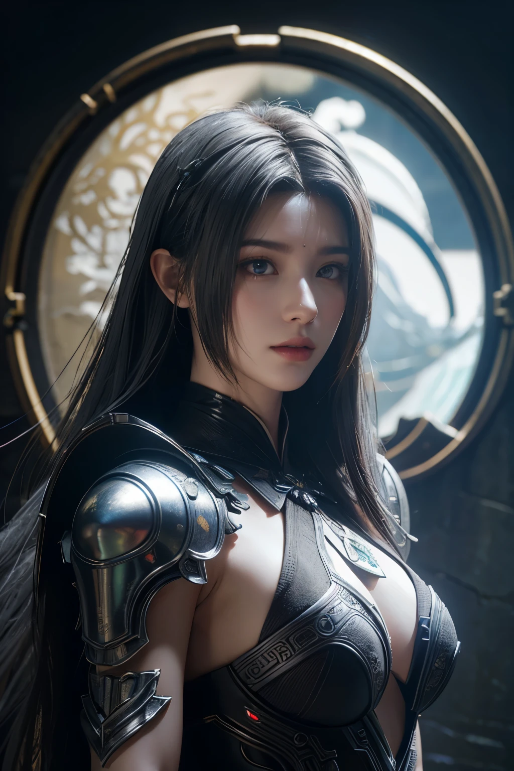 Masterpiece,Game art,The best picture quality,Highest resolution,8K,(Portrait),Unreal Engine 5 rendering works,(Digital Photography),((Portrait Feature:1.5)),
20 year old girl,Short hair details,With long bangs,(The red eye makeup is very meticulous),(With long gray hair:1.4),(Large, full breasts),Elegant and noble,Brave and charming,
(Future armor combined with the characteristics of ancient Chinese armor,Hollow design,Power Armor,The mysterious Eastern runes,A delicate dress pattern,A flash of magic),Warrior of the future,Cyberpunk figures,Background of war,
Movie lights，Ray tracing，Game CG，((3D Unreal Engine))，OC rendering reflection pattern