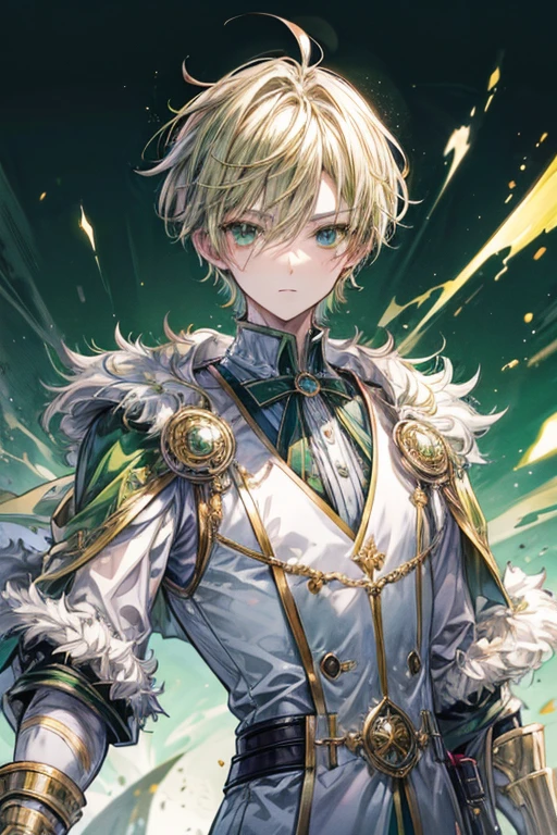 (masterpiece, best quality, perfect face, expressive eyes), 1boy, (anime), (male), (adult), (short blonde hair,) green gradient hair, green eyes, noble clothes, white vest, gold jewelry, gold earrings, fur cloak,