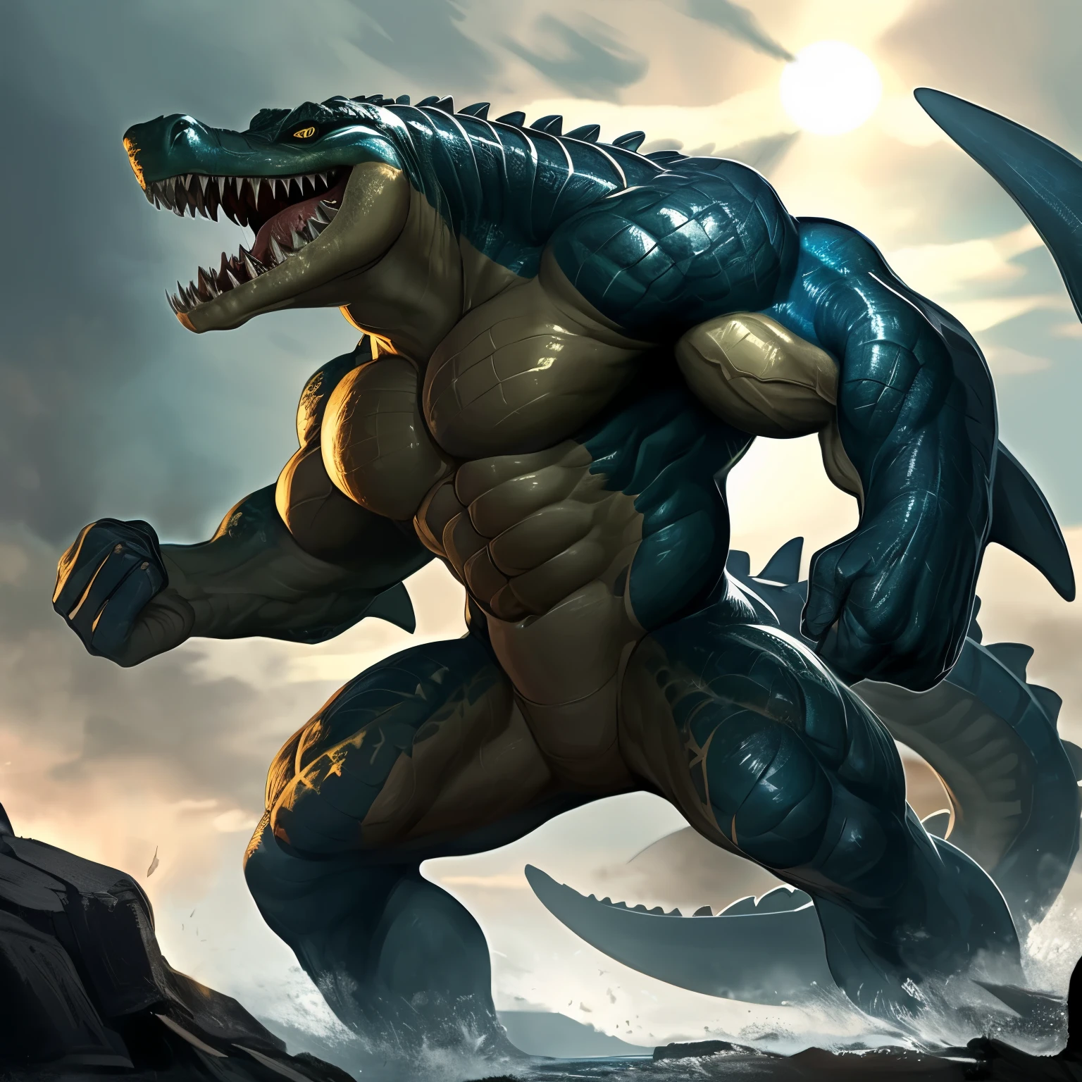In the heart of the primal wilderness, a thrilling and epic battle unfolds between two ancient rivals: a massive muscular crocodile and a powerful, sleek shark. Their bodies, glistening in the sun, heave with the strength of their mighty muscles, prepared for the ultimate clash.
The crocodile, with its powerful jaws agape and razor-sharp teeth bared, weighs every move with the wisdom of its age. Its eyes, beady and intense, are filled with determination and unyielding resolve. The crocodile's armored scales glisten, as if polished by the elements, adding to its formidable presence.
