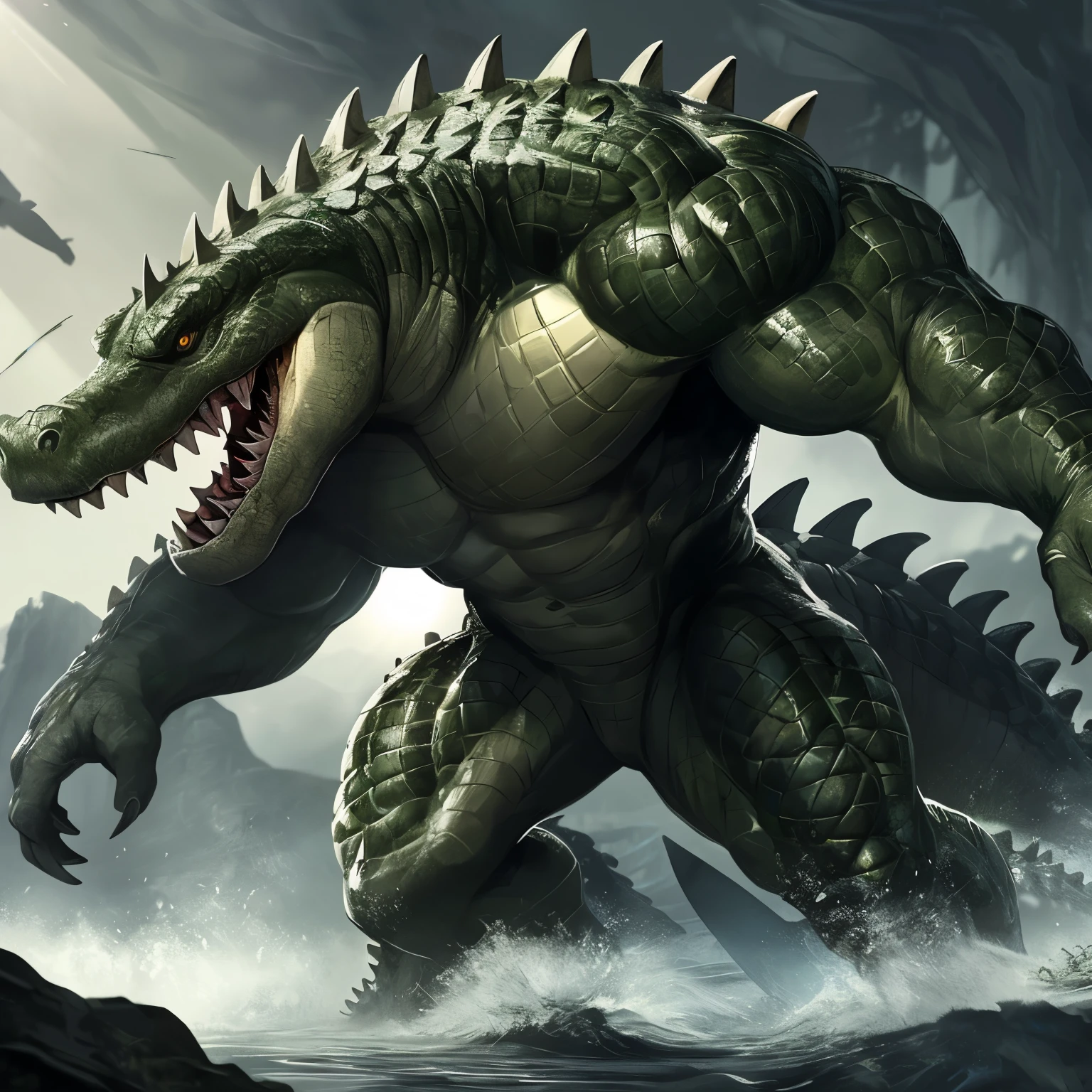 In the heart of the primal wilderness, a thrilling and epic battle unfolds between two ancient rivals: a massive muscular crocodile and a powerful, sleek shark. Their bodies, glistening in the sun, heave with the strength of their mighty muscles, prepared for the ultimate clash.

The crocodile, with its powerful jaws agape and razor-sharp teeth bared, weighs every move with the wisdom of its age. Its eyes, beady and intense, are filled with determination and unyielding resolve. The crocodile's armored scales glisten, as if polished by the elements, adding to its formidable presence.