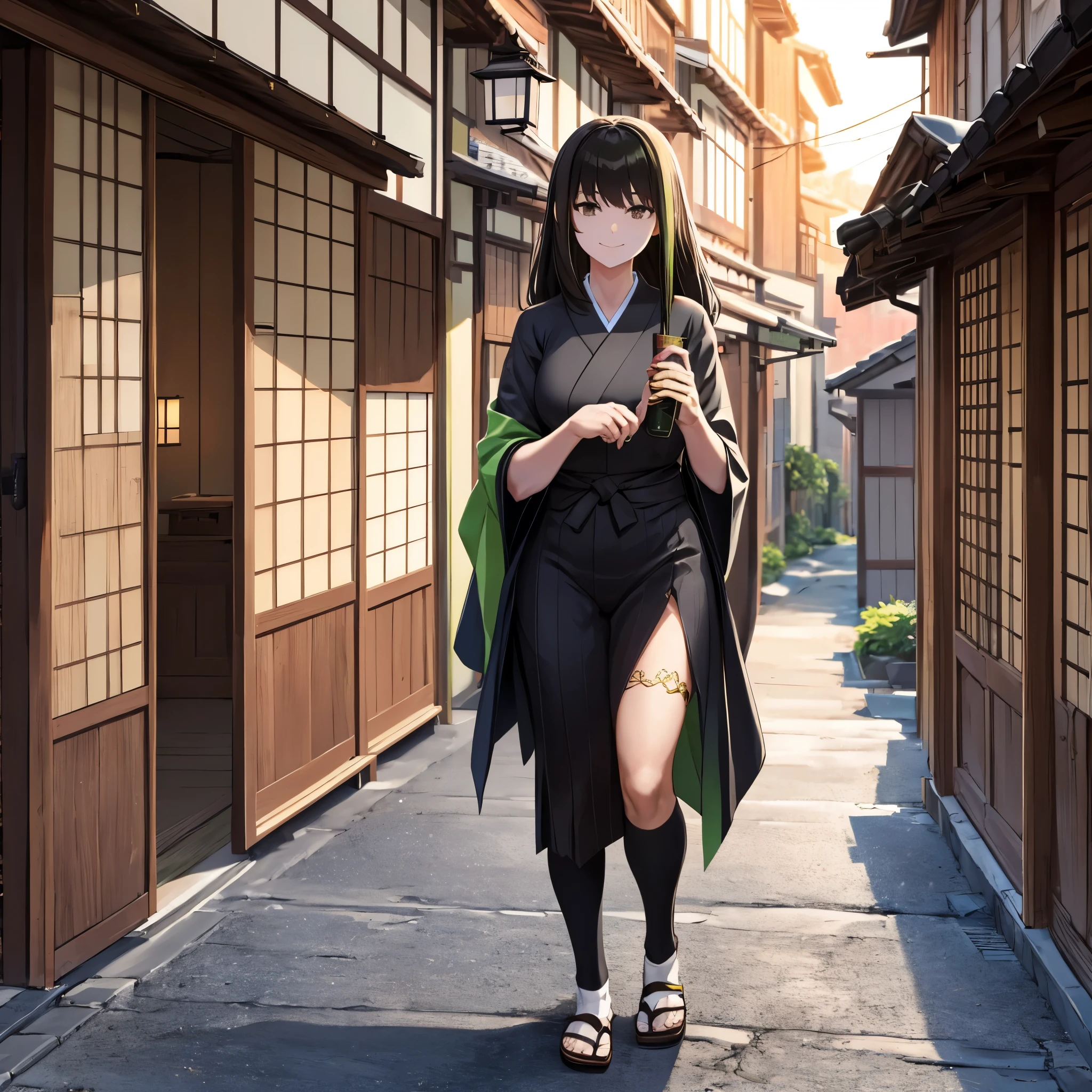 a woman wearing a black yukata with green details, white socks, traditional Japanese slippers, black fur cape, gold and green accessories in her hair, long black hair with green bangs, brown eyes, walking on a sidewalk in a traditional Japanese town in the sunset sun, smiling, full body, traditional Japanese lamp illuminating the place, (solo woman) ultra resolution, bloom, very detailed, perfect texture, high quality, hdr, 8k, masterpiece