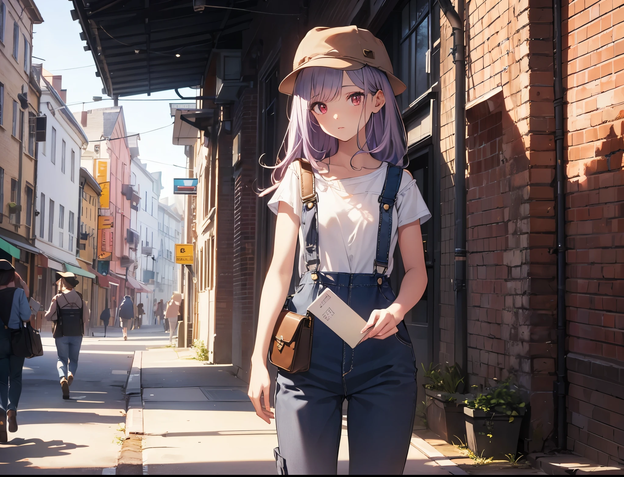 ,Realistic,highest quality, Super detailed, High-quality CG rendering, The most delicate and beautiful, Floating softly, High resolution, (1 girl), (highest quality,4K,8k,masterpiece:1.2), Light purple hair,Long Hair,Red eyes,(Brown overalls:1.3),(Pure white T-shirt:1.3),(Brown hunting hat:1.3),In the city,old buildings,(whole body:1.3),(Small shoulder bag:1.3),Brown boots