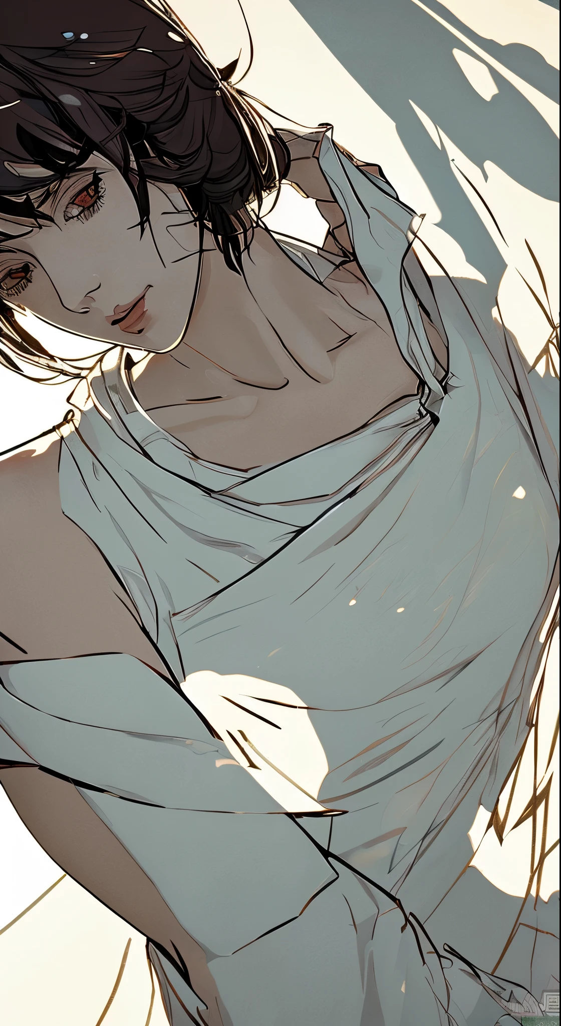 Delicate face, Down Shot, Thick Acrylic, An illustrationはpixivで, Kawashi, John Singer, Sergeant, masterpiece, Upper Body, king, One, boy, both hands, whiteい目, whiteのショートヘア,, pale white skin, Beautiful Face, Divine Light, white, shirt, Rich details, high quality, scum,, Degenerate,8k, Super detailed, Latest pixiv, An illustration, Dynamic Pose, Dynamic Angle,, Beautiful light and shadow, Transparency,, Detailed decoration, Fine Lines, Mysterious,, Fantasy, magic, Shine,