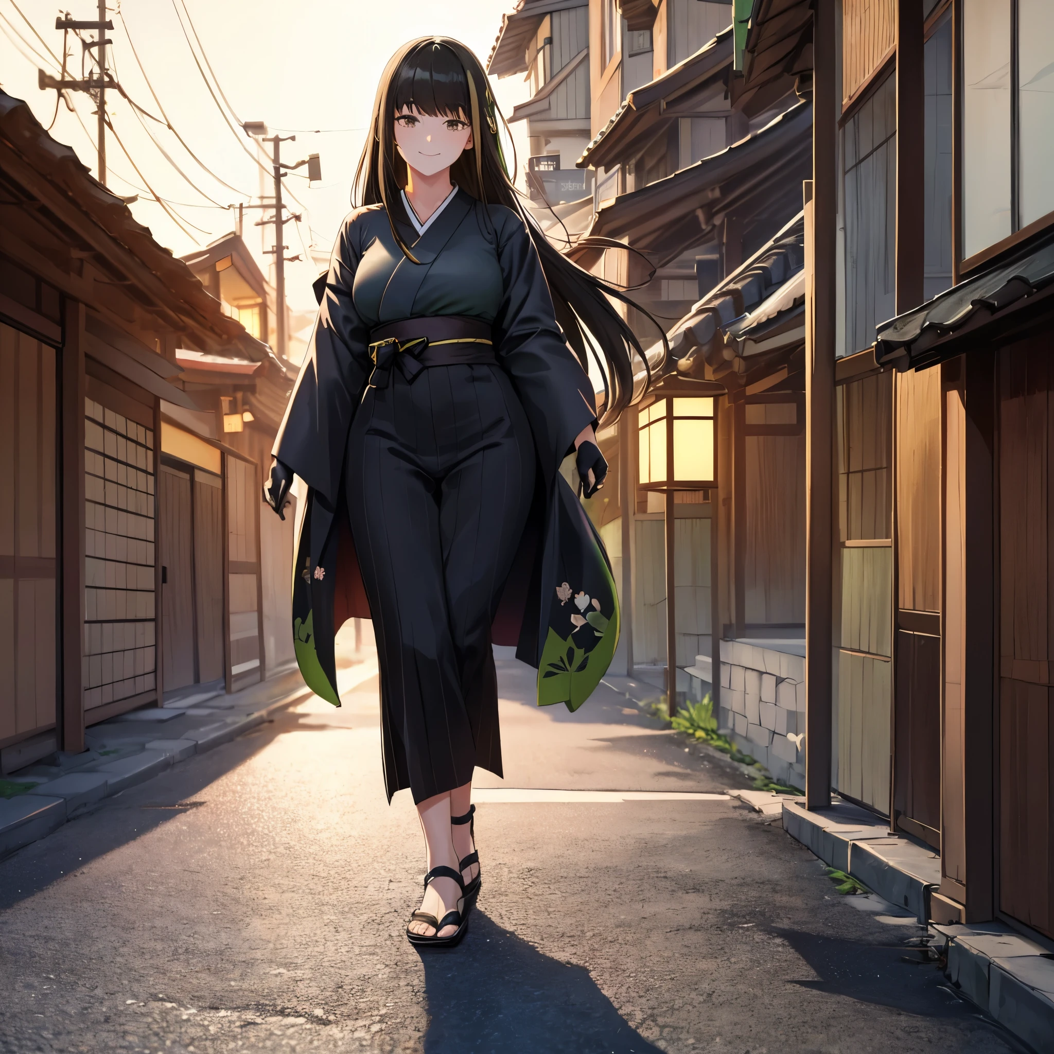 a woman wearing a black yukata with green details, white socks, traditional Japanese slippers, black fur cape, gold and green accessories in her hair, long black hair with green bangs, brown eyes, walking on a sidewalk in a traditional Japanese town in the sunset sun, smiling, full body, traditional Japanese lamp illuminating the place, (solo woman) ultra resolution, bloom, very detailed, perfect texture, high quality, hdr, 8k, masterpiece