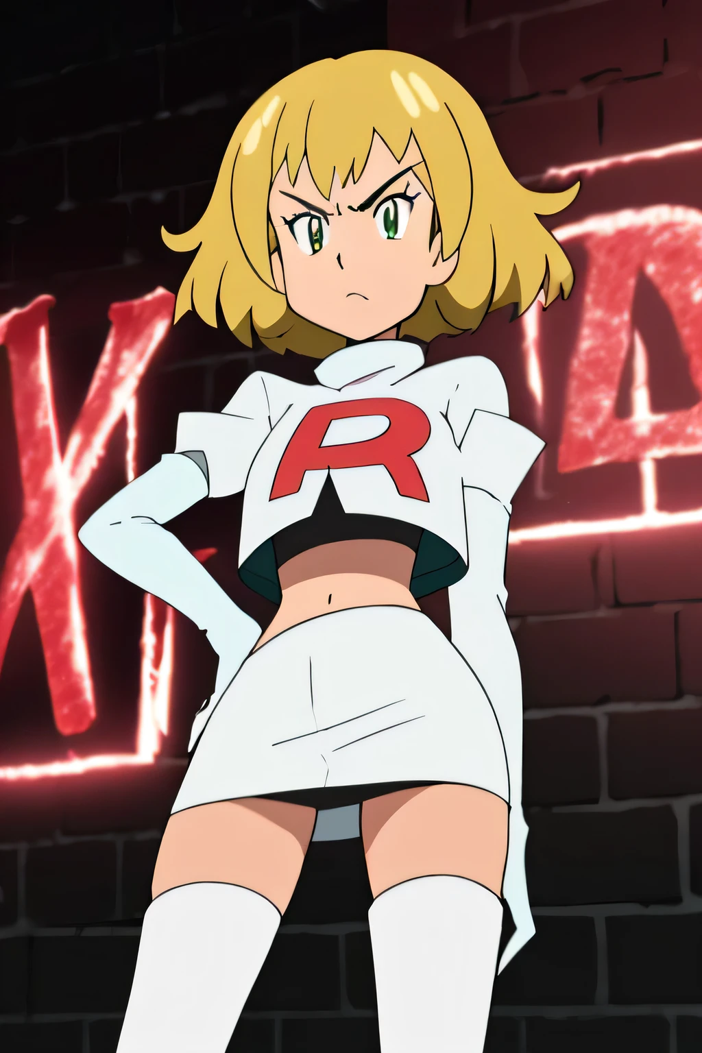 (best quality,4k,8k,highres,masterpiece:1.2),ultra-detailed,realistic,photorealistic:1.37, vibrant colors, studio lighting, bokeh, portrait,team rocket, team rocket uniform, red letter R,white skirt, white crop top, black thigh-high boots, black elbow gloves,zettai ryouiki glaring angrily,anime style, vivid colors, sharp focus, intense lighting,,natalia lkl,hair flower