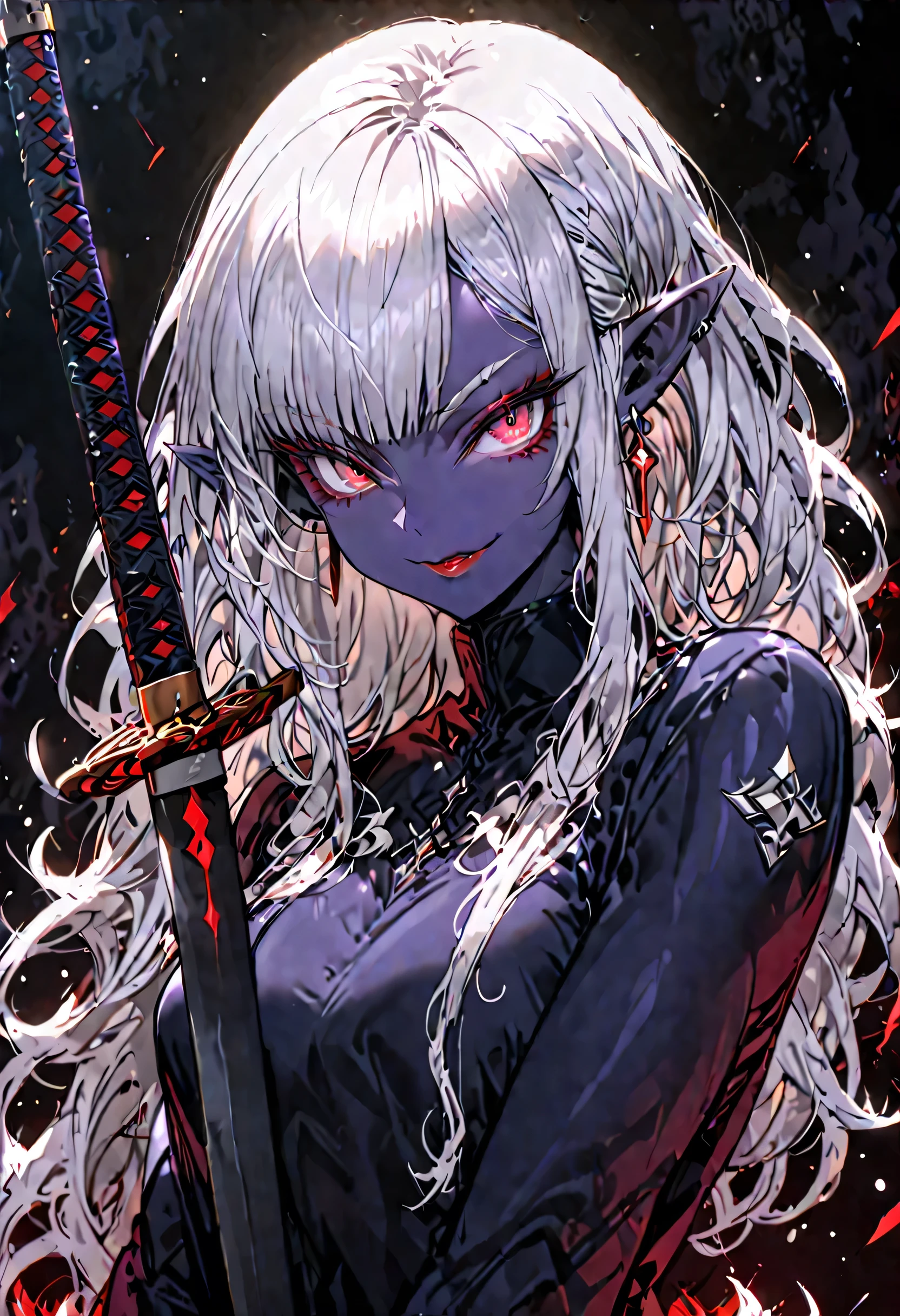 solo, female, strong build, tall, thin, deep indigo skin, long silver hair, piercing red eyes, angular face, high cheekbones, midnight blue lips, long and pointed ears, drow, sword, smile, fit, pose, flawless skin