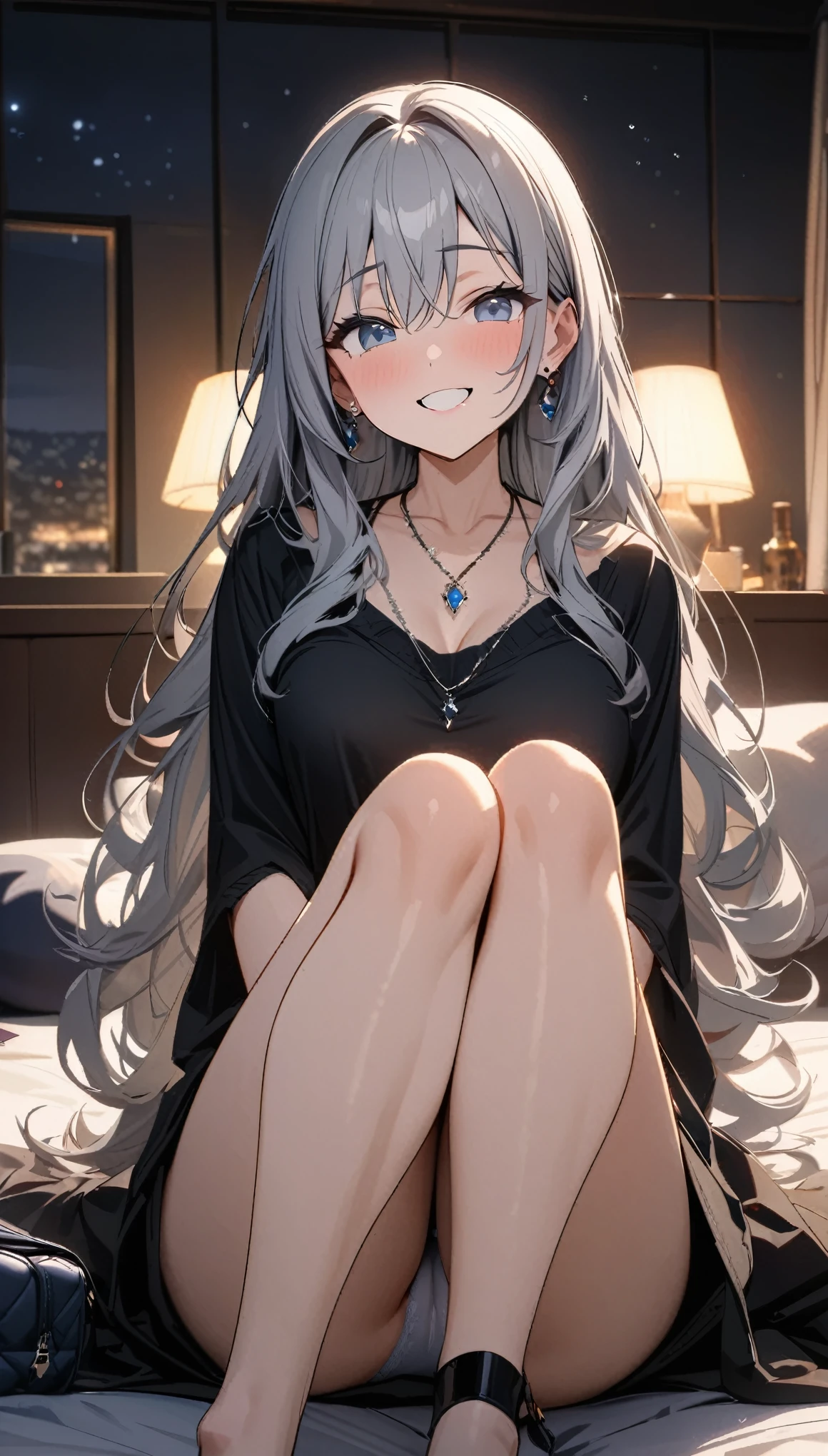 masterpiece, highest quality, Ultra-high resolution, Ultra-fine, 4K, 8k, highest quality, beautiful, Cute Woman, alone, (beautiful,Gray Hair, beautiful eyes, Long Hair, smile),sole,underwear,laugh at,Queen,Crossing your legs,Bedroom,night,necklace, Earrings, accessories, bag, Great lighting,Excellent resolution,Audio Notes