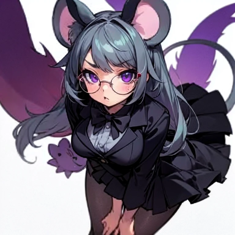 Masterpiece, best quality, expressive eyes, perfect face, 1girl, solo, animal ears, mouse ears, tail, mouse tail, grey hair, substitute_teacher, clothes, glasses, purple eyes