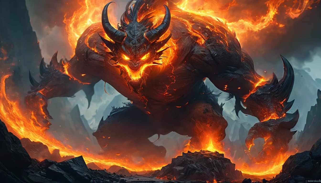 (best quality,4k,8k,highres,masterpiece:1.2),ultra-detailed,(realistic,photorealistic,photo-realistic:1.37),amazingly detailed lava demon,impressive fiery eyes and mouth,dark and menacing appearance,fiery red and orange hues,subtle flickering light,volcanic rock-textured skin,smoke and ash swirling around,demonic horns and claws,lava flowing in the background,ominous presence,ethereal atmosphere,nightmarish and surreal,unleashing destructive powers,creepy and powerful presence,otherworldly and fearsome,fiery aura and organic flames,foreboding and intense,the earth trembling under its feet,incandescent glow of heated lava,cracks and crevices emitting smoke,sinister and malevolent,lit from within by an inner fire,majestic and imposing figure,ominous and otherworldly,creating chaos and destruction,emitting a heat that can melt anything,strong and muscular physique,blackened and charred surroundings,evil and formidable,indomitable and unstoppable force.