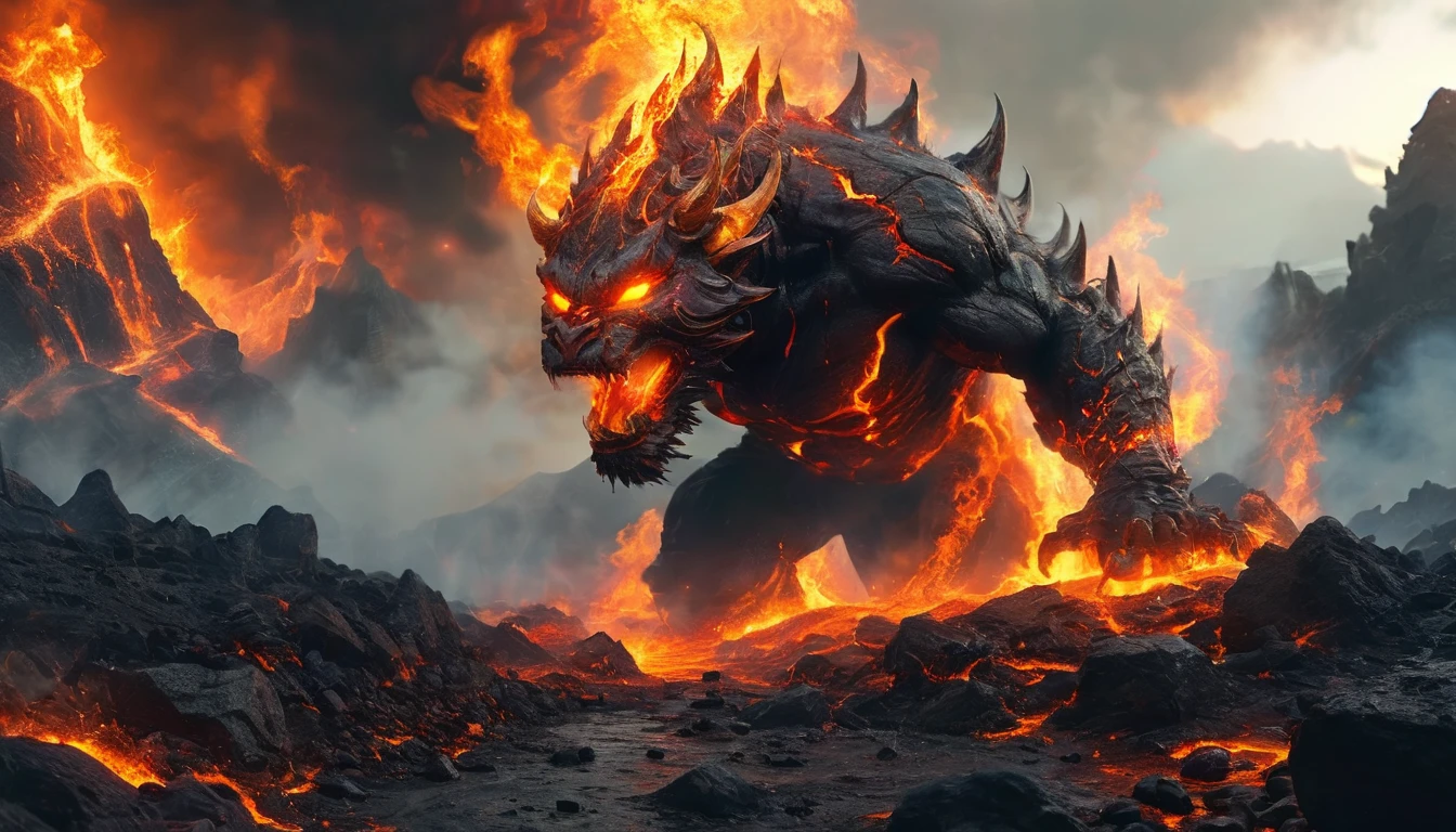(best quality,4k,8k,highres,masterpiece:1.2),ultra-detailed,(realistic,photorealistic,photo-realistic:1.37),amazingly detailed lava demon,impressive fiery eyes and mouth,dark and menacing appearance,fiery red and orange hues,subtle flickering light,volcanic rock-textured skin,smoke and ash swirling around,demonic horns and claws,lava flowing in the background,ominous presence,ethereal atmosphere,nightmarish and surreal,unleashing destructive powers,creepy and powerful presence,otherworldly and fearsome,fiery aura and organic flames,foreboding and intense,the earth trembling under its feet,incandescent glow of heated lava,cracks and crevices emitting smoke,sinister and malevolent,lit from within by an inner fire,majestic and imposing figure,ominous and otherworldly,creating chaos and destruction,emitting a heat that can melt anything,strong and muscular physique,blackened and charred surroundings,evil and formidable,indomitable and unstoppable force.
