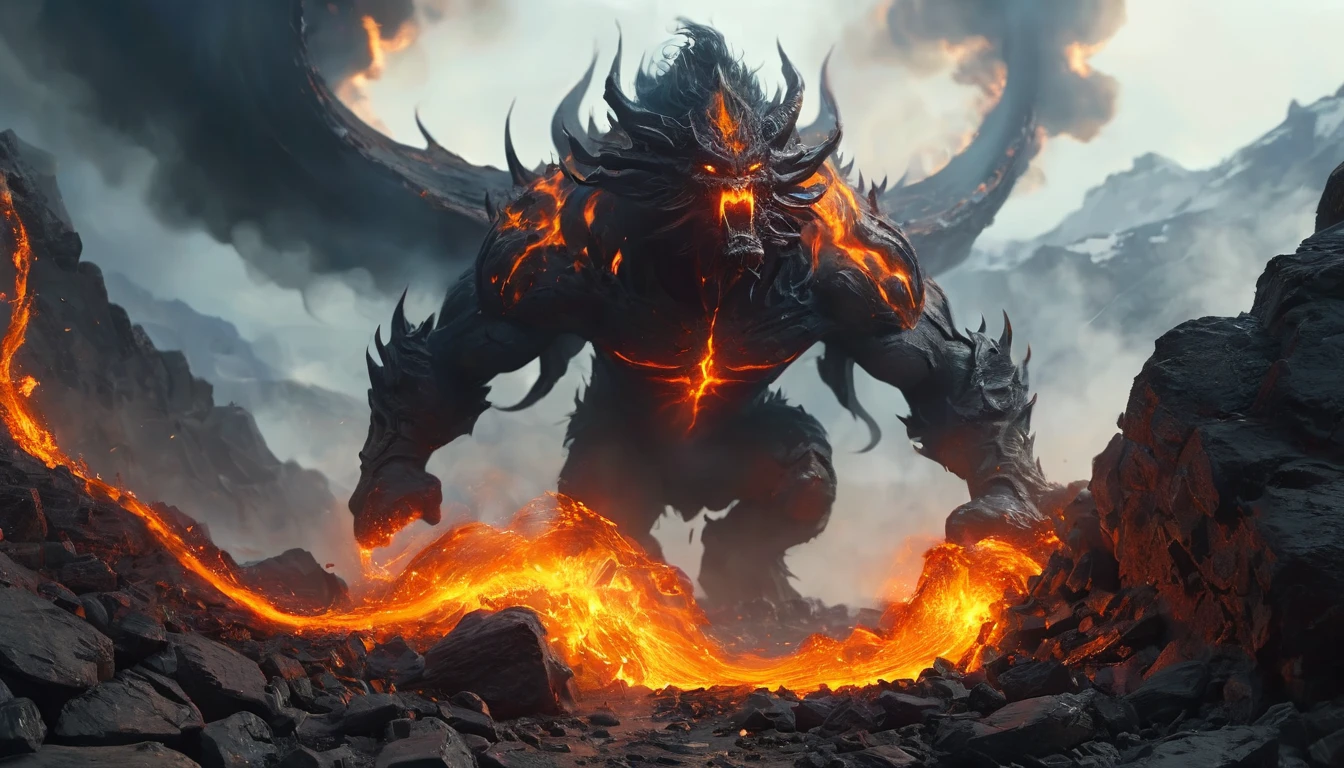 (best quality,4k,8k,highres,masterpiece:1.2),ultra-detailed,(realistic,photorealistic,photo-realistic:1.37),amazingly detailed lava demon,impressive fiery eyes and mouth,dark and menacing appearance,fiery red and orange hues,subtle flickering light,volcanic rock-textured skin,smoke and ash swirling around,demonic horns and claws,lava flowing in the background,ominous presence,ethereal atmosphere,nightmarish and surreal,unleashing destructive powers,creepy and powerful presence,otherworldly and fearsome,fiery aura and organic flames,foreboding and intense,the earth trembling under its feet,incandescent glow of heated lava,cracks and crevices emitting smoke,sinister and malevolent,lit from within by an inner fire,majestic and imposing figure,ominous and otherworldly,creating chaos and destruction,emitting a heat that can melt anything,strong and muscular physique,blackened and charred surroundings,evil and formidable,indomitable and unstoppable force.