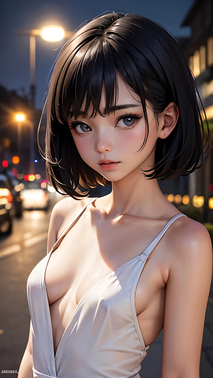 (Half Body Shot,Street lamp,moon),masterpiece, One girl, Solo Exhibitions, Beautiful woman with small breasts, nightのビーチ, Beautiful Goddess Girl Portrait, Beautiful and elaborate face, Porcelain-like skin, (((Bust Shot, center, night, Black Hair, short hair)), Very soft lighting, Full Shot,Symmetric, complicated, grace, Attention to detail, realism, art, concept art,White clothes