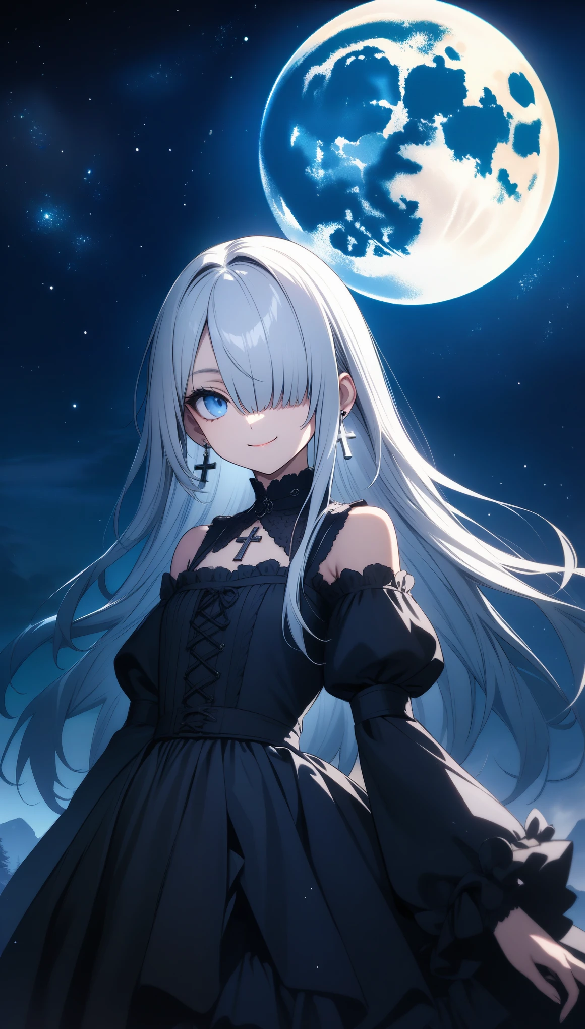 32k, best quality, ultra high res, HDR, UHD, extremely detailed CG, unity 32k wallpaper, (((hight quality))), (((high-level image quality))), (((smile))), (((white gothic lolita))), (((full moon))),  (((hight quality starry sky background))), (((hair over one eye))), (((white hair))), (((Straight long hair))), (((deep blue eyes))), ((())), (((cross earrings))),