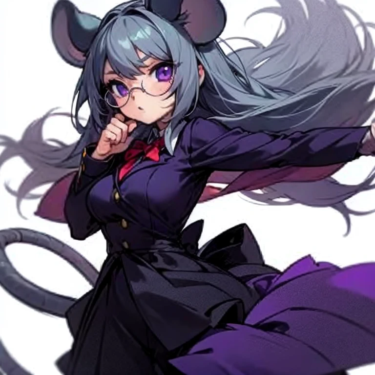 Masterpiece, best quality, expressive eyes, perfect face, 1girl, solo, animal ears, mouse ears, tail, mouse tail, grey hair, substitute_teacher, clothes, glasses, purple eyes