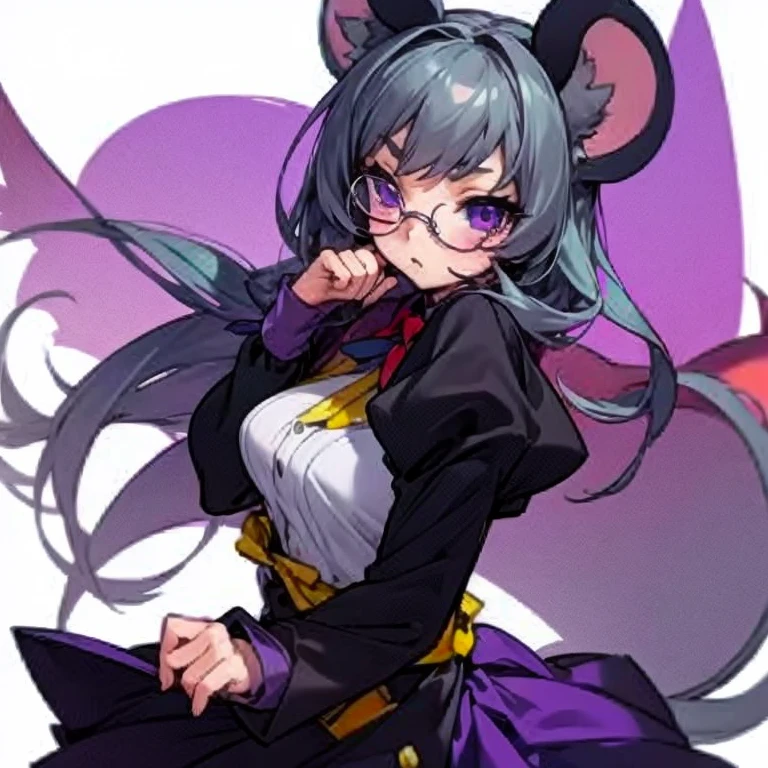 Masterpiece, best quality, expressive eyes, perfect face, 1girl, solo, animal ears, mouse ears, tail, mouse tail, grey hair, substitute_teacher, clothes, glasses, purple eyes
